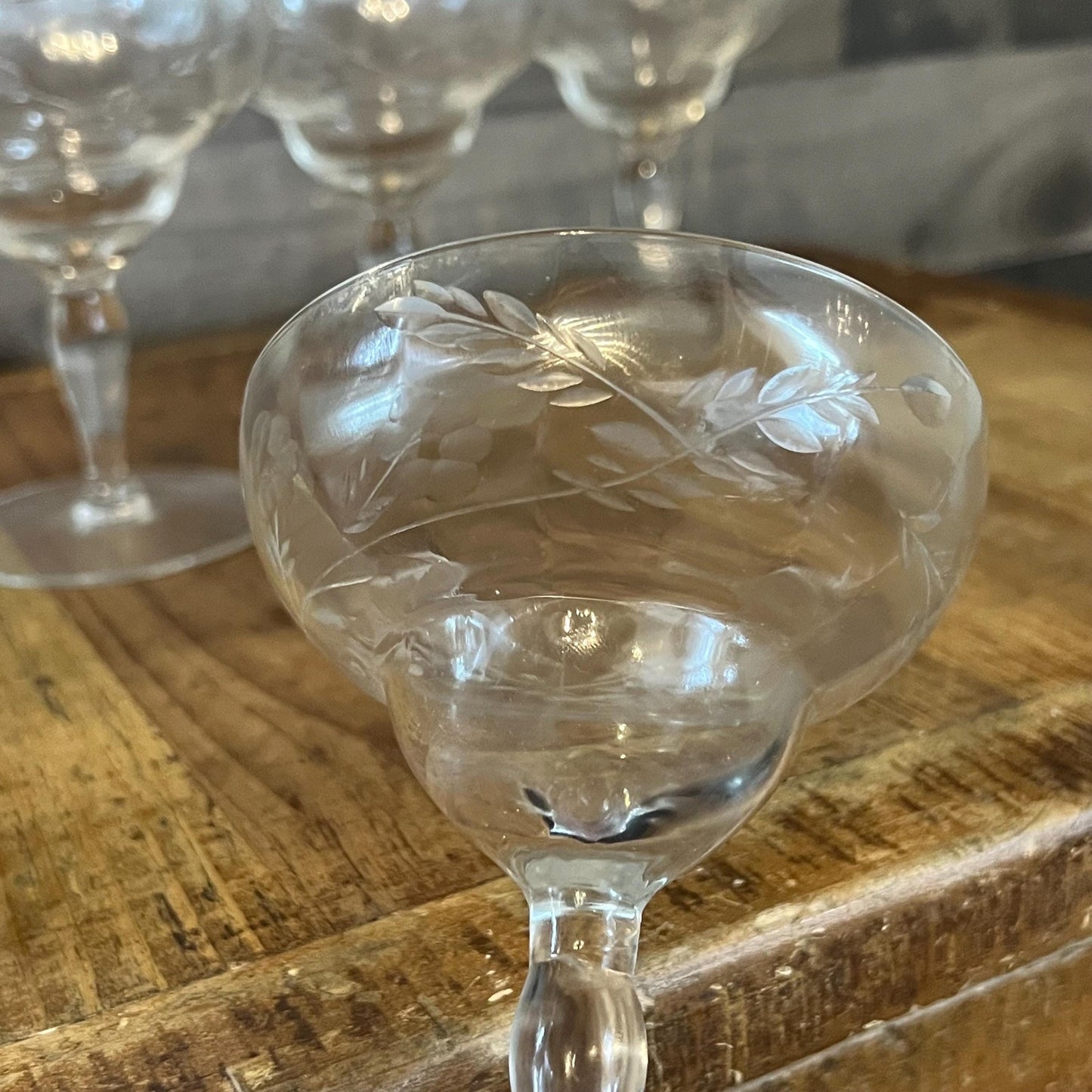 Vintage Set of 4 Crystal Floral and Leaf Etched Champagne Coupes - Cocktail Coupes