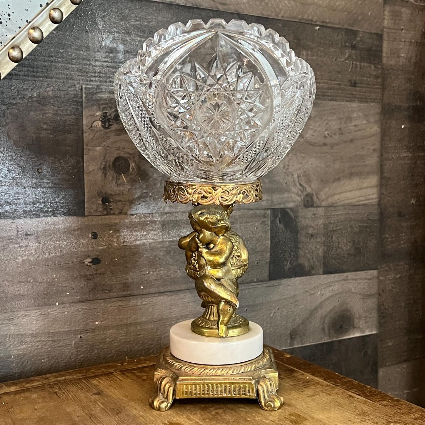 Vintage Thick Cut Crystal Oval Bowl with Gold Tone Brass Cherub Angel Pedestal and Marble Footed Base