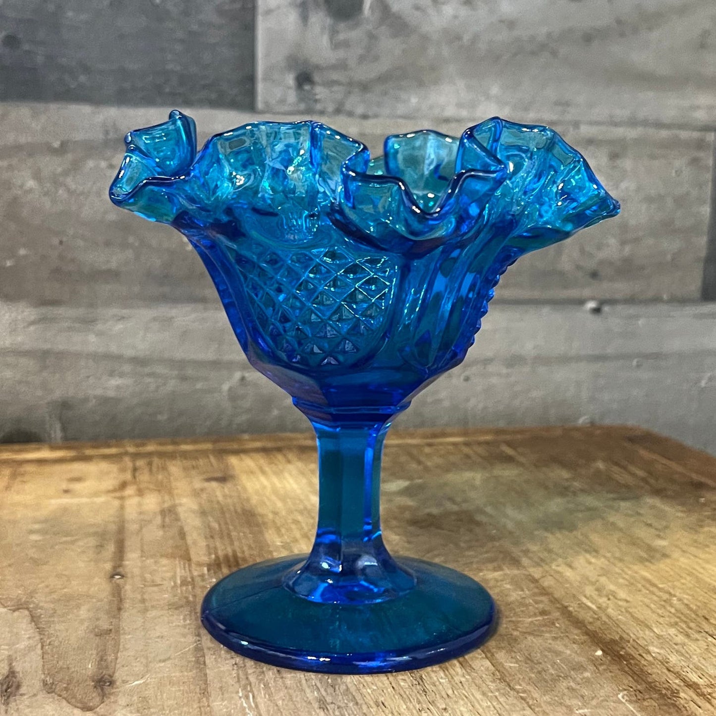 Vintage Fenton Blue Colonial Pineapple Pattern Ruffled Edge Rim Compote Long Stem Candy Dish