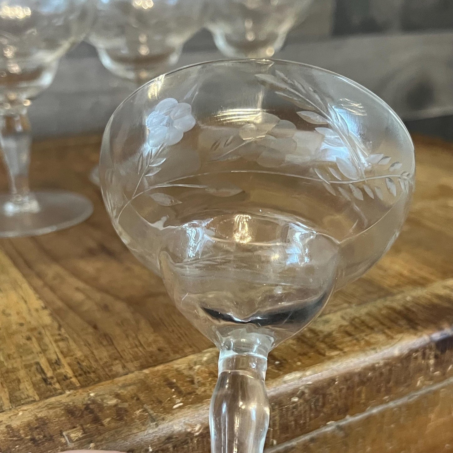 Vintage Set of 4 Crystal Floral and Leaf Etched Champagne Coupes - Cocktail Coupes
