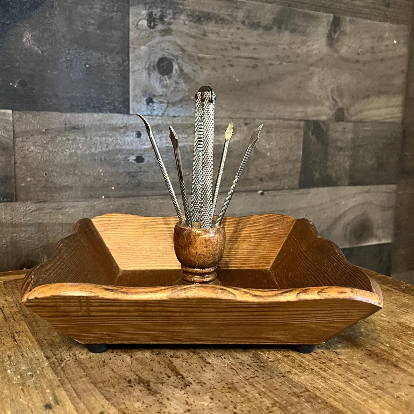 Vintage Wooden Nut Bowl with Nut Cracker and Nut Picks