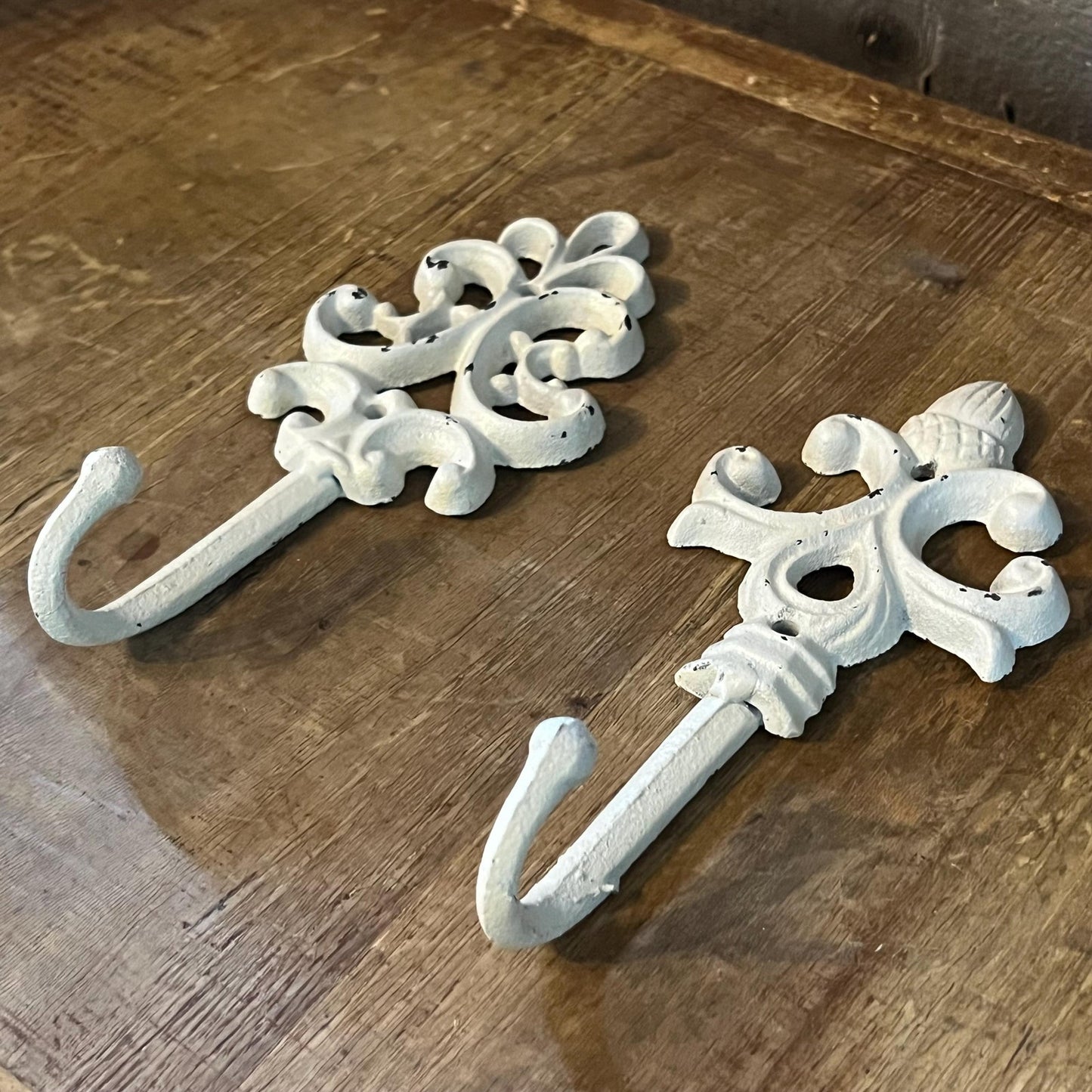 2 Vintage Painted White Cast Iron Wall Hooks