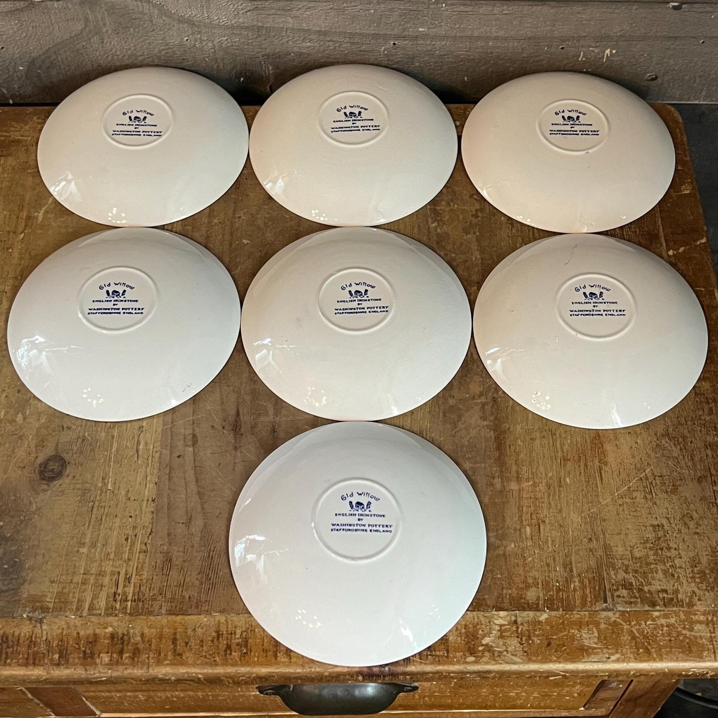 Old Willow English Ironstone by Washington Pottery Straffordshire England Blue and White Small Plates - Set of 7