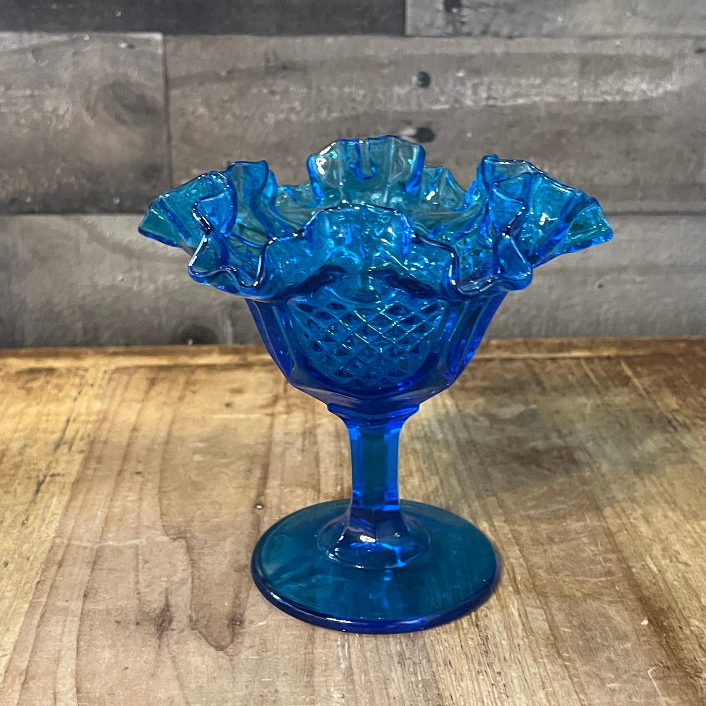 Vintage Fenton Blue Colonial Pineapple Pattern Ruffled Edge Rim Compote Long Stem Candy Dish