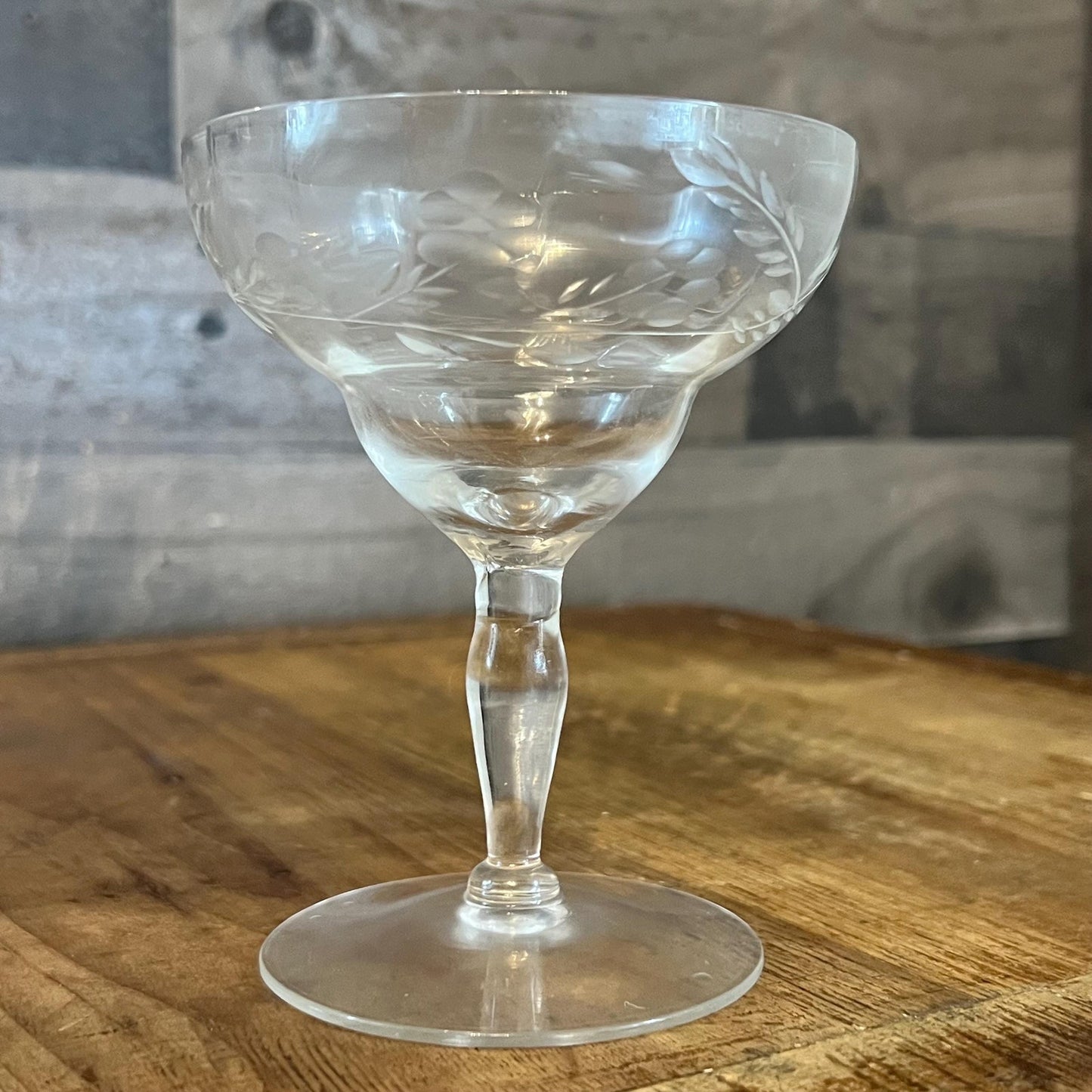 Vintage Set of 4 Crystal Floral and Leaf Etched Champagne Coupes - Cocktail Coupes