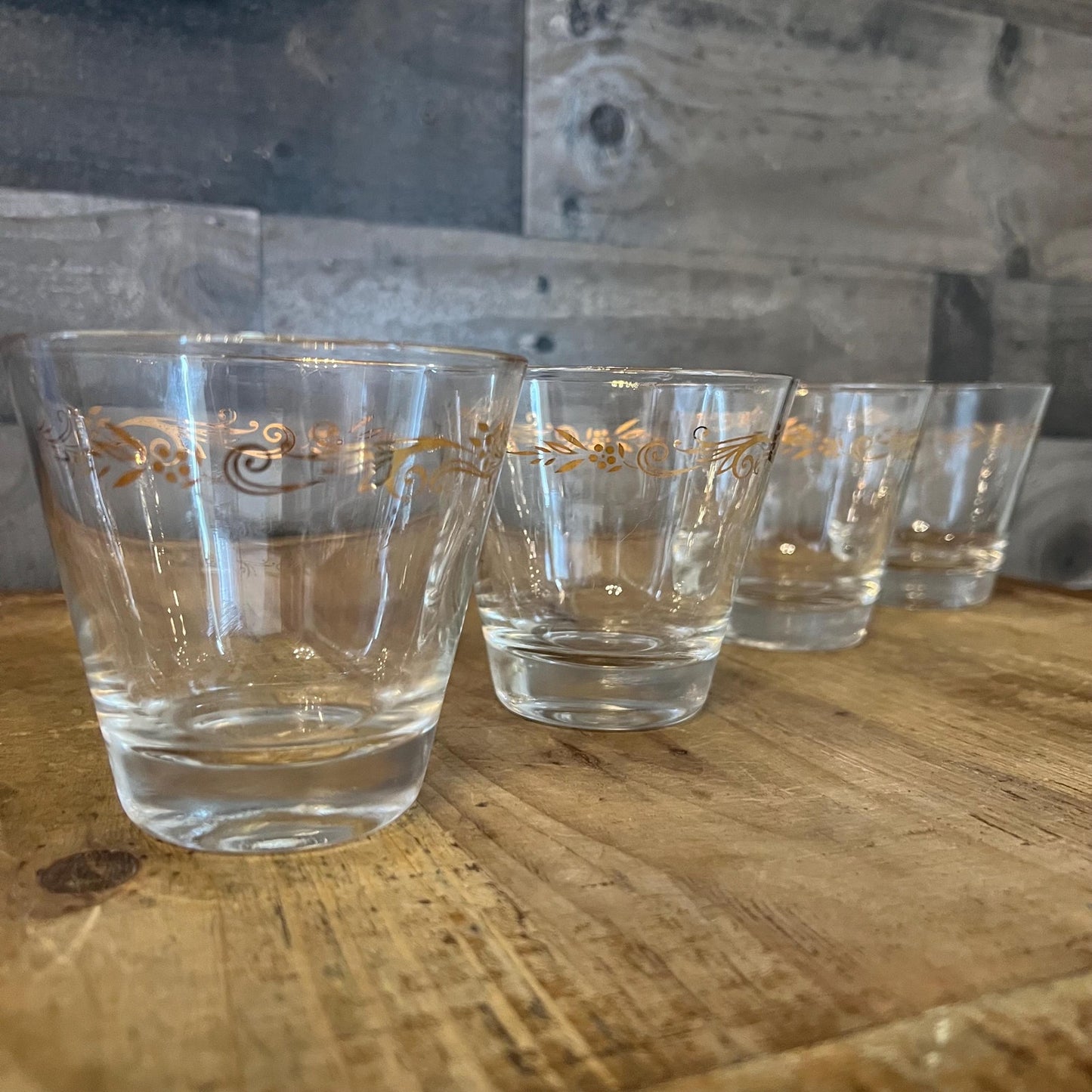 Vintage MCM Homer Laughlin Gold Tone Leaf Design Low Ball Rocks Glasses - Set of 4