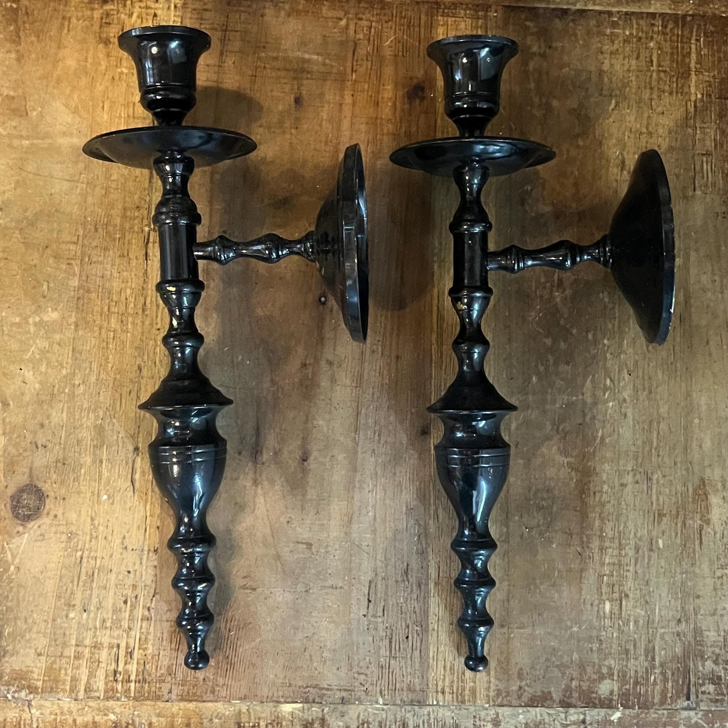 Vintage Black Painted Brass Candlestick Holder Wall Sconces - Pair