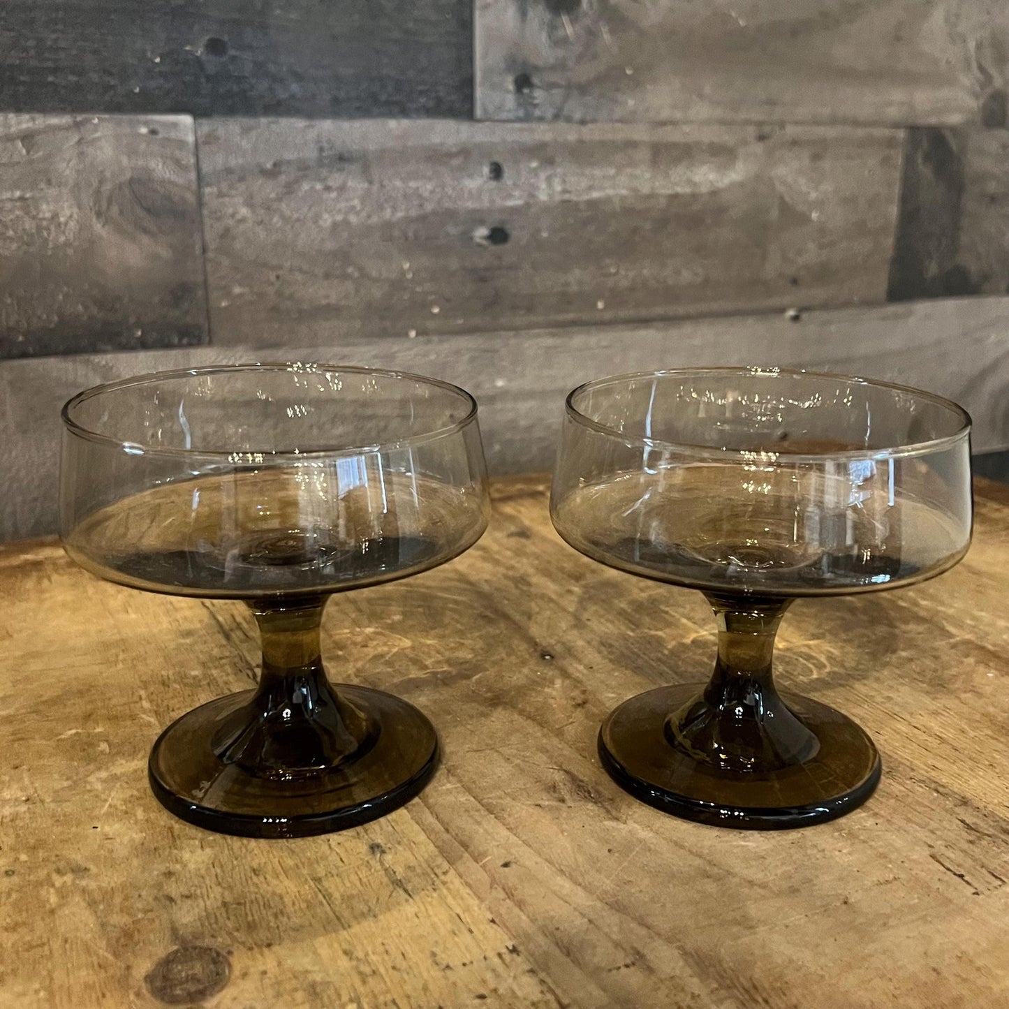 Libbey Glass Company Pair of Tawny Accent Brown Smoked Champagne Glasses - Cocktail Coupes - Tall Sherbert Glasses - Short Stem Glasses