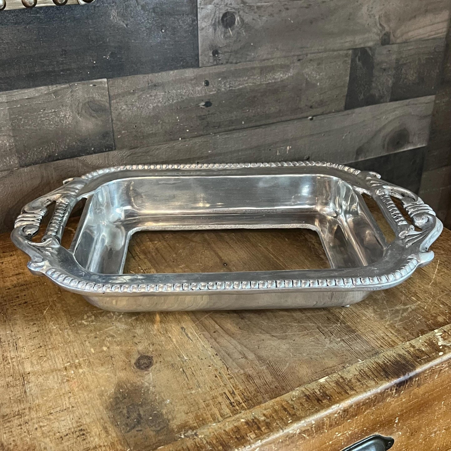 Vintage Ornate Pewter Tone Handled Rectangular Casserole Dish Holder