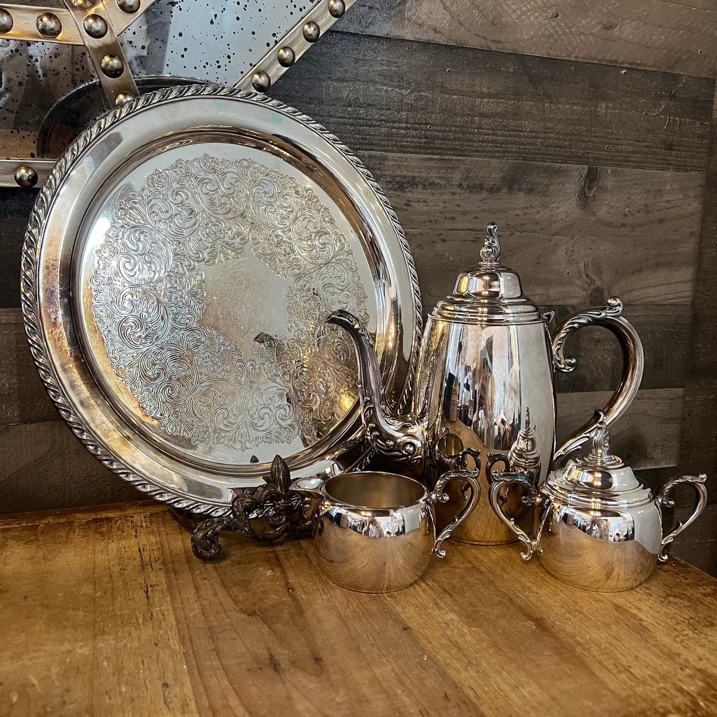 Vintage WM Rogers Silverplated Tea Set - Round Serving Tray, Teapot, Creamer Pour and Sugar Dish