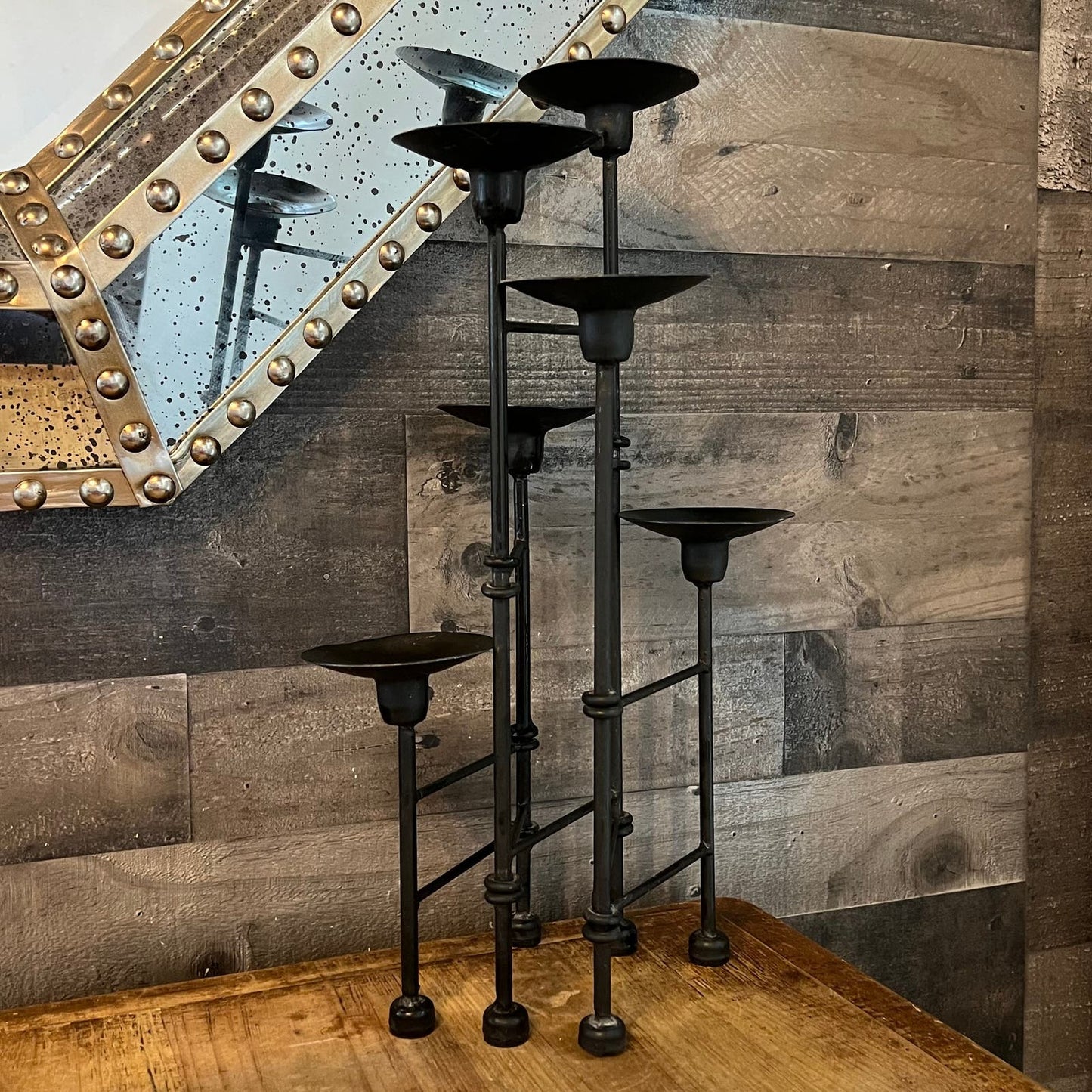 Vintage MCM Brutalist Black Metal Folding Hinged 6 Candlestick Holder Candelabra