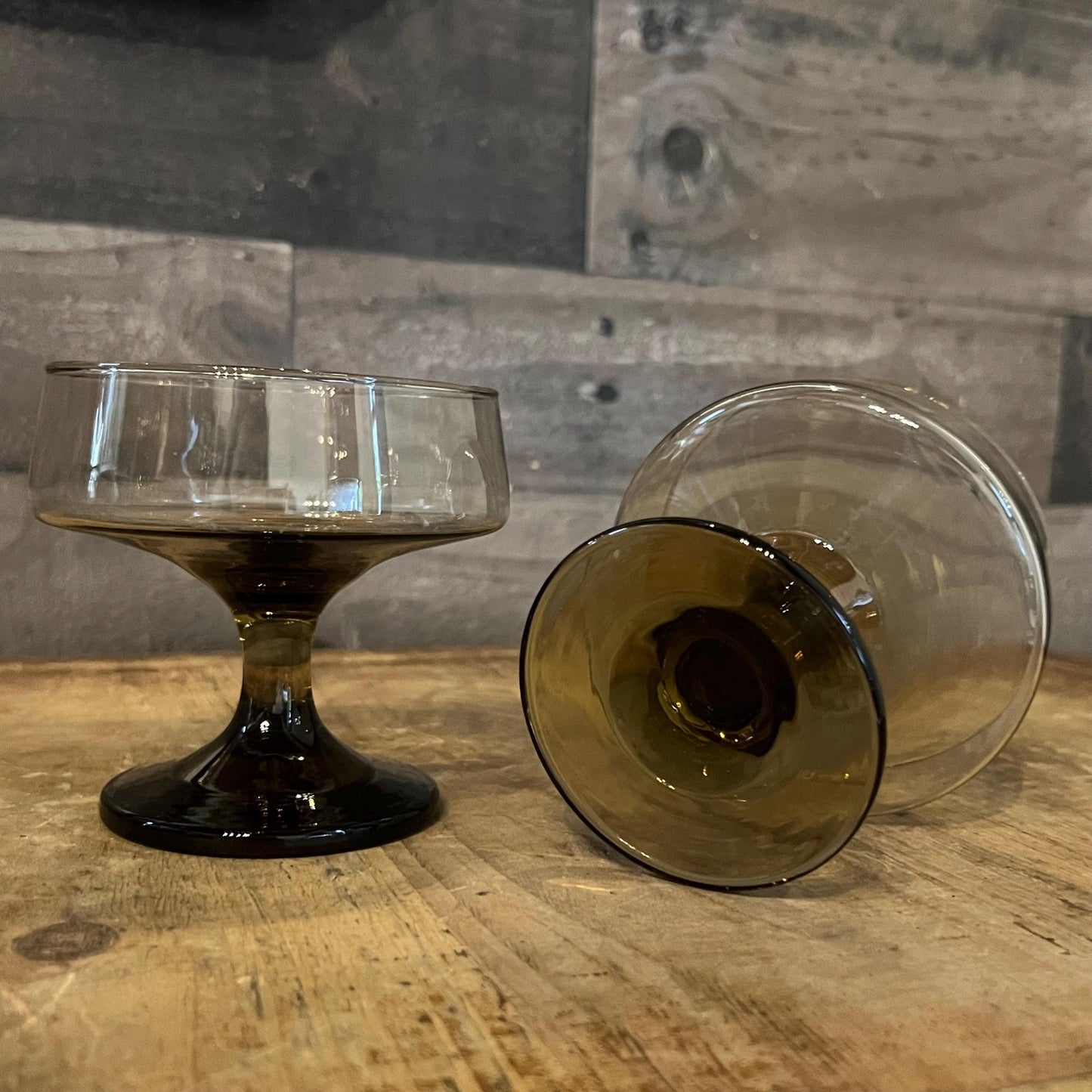 Libbey Glass Company Pair of Tawny Accent Brown Smoked Champagne Glasses - Cocktail Coupes - Tall Sherbert Glasses - Short Stem Glasses