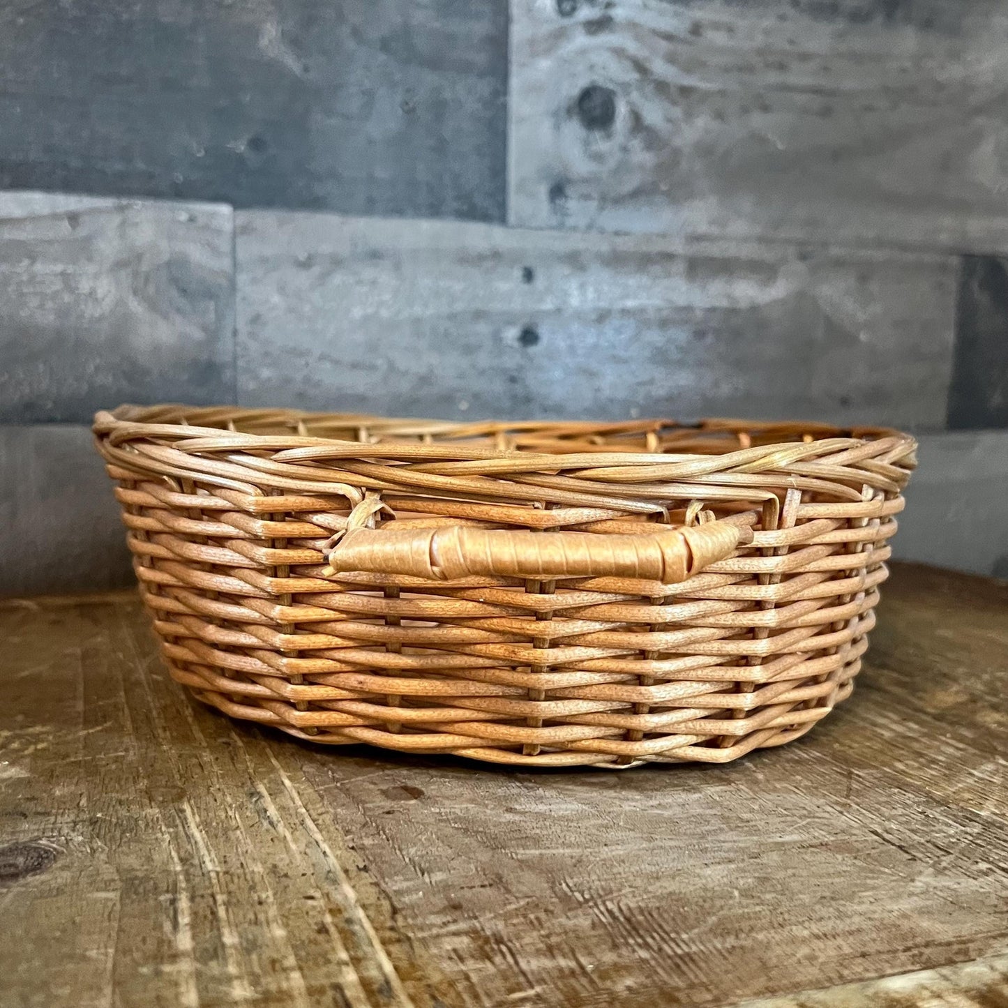 Vintage Shallow Handled Round Wicker Basket