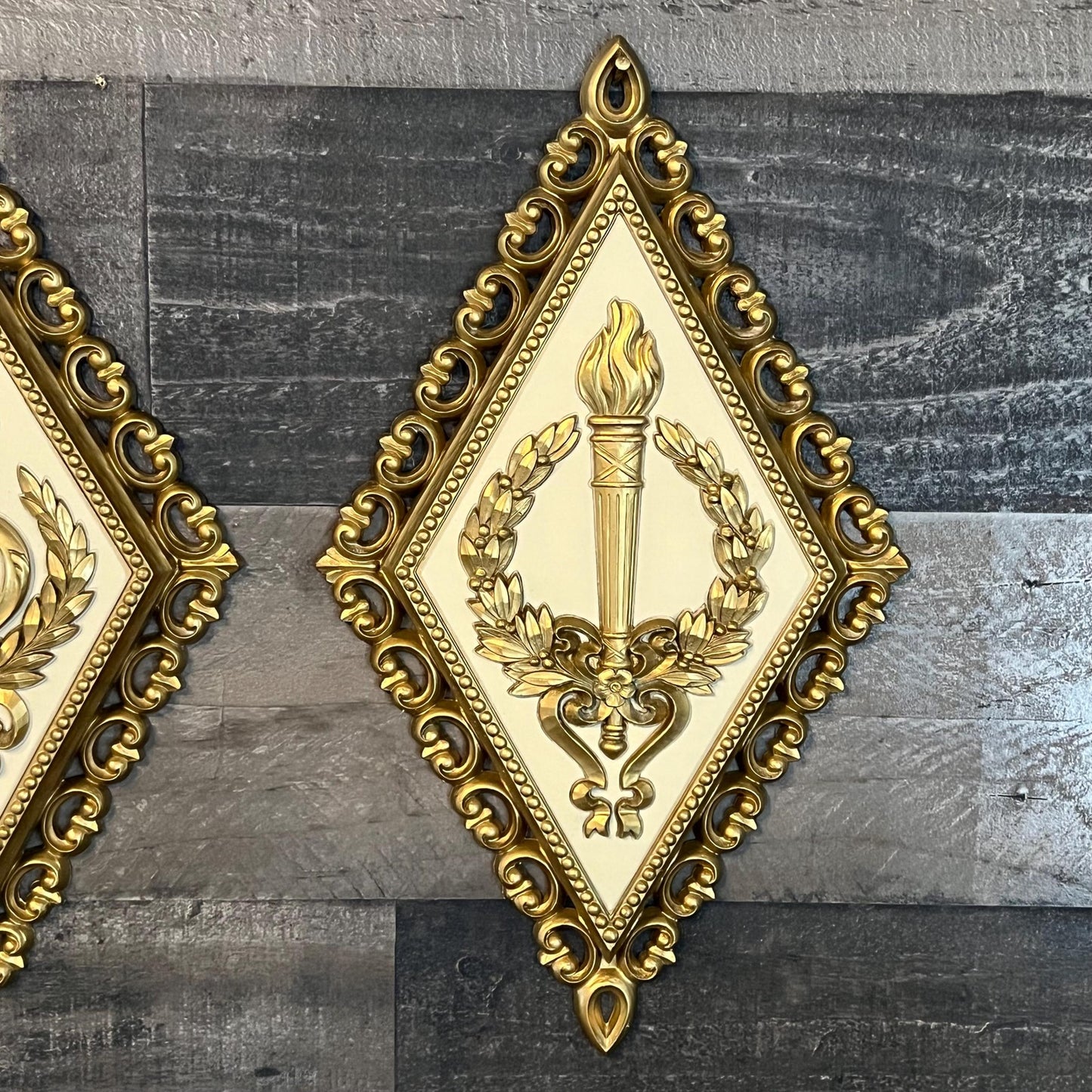 Vintage Homco Diamond Shaped Gold and Beige Tone Wall Plaques - Set of 3