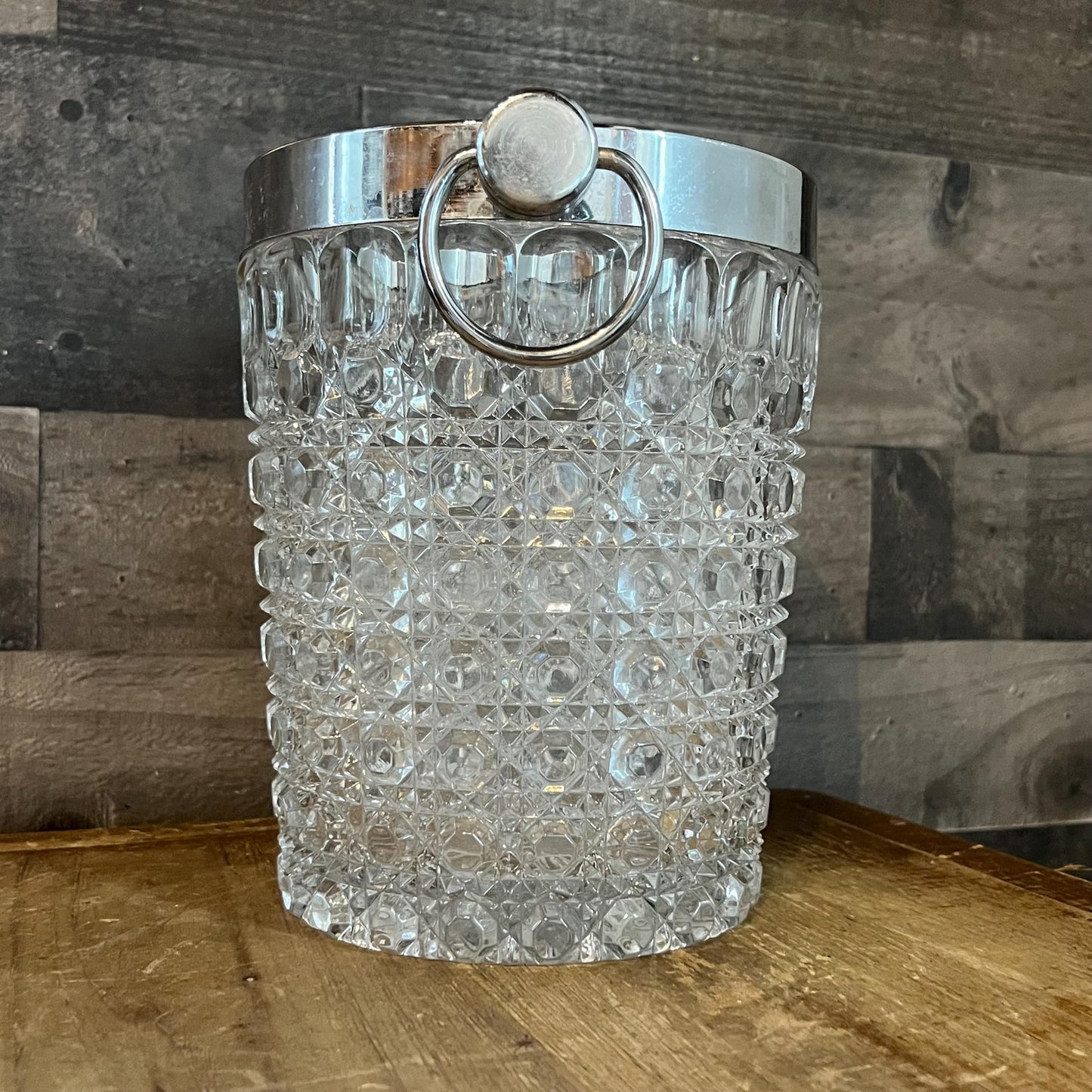 Vintage Crystal Glass Ice Bucket with Silver Tone Rim and Handles - Champagne Cooler - Bottle Chiller