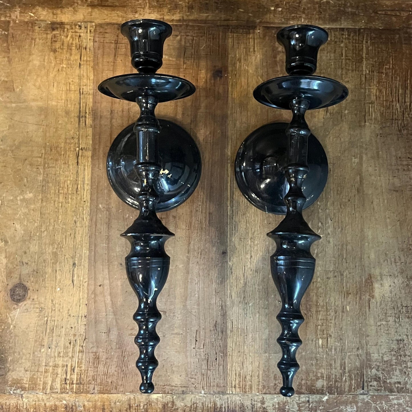 Vintage Black Painted Brass Candlestick Holder Wall Sconces - Pair