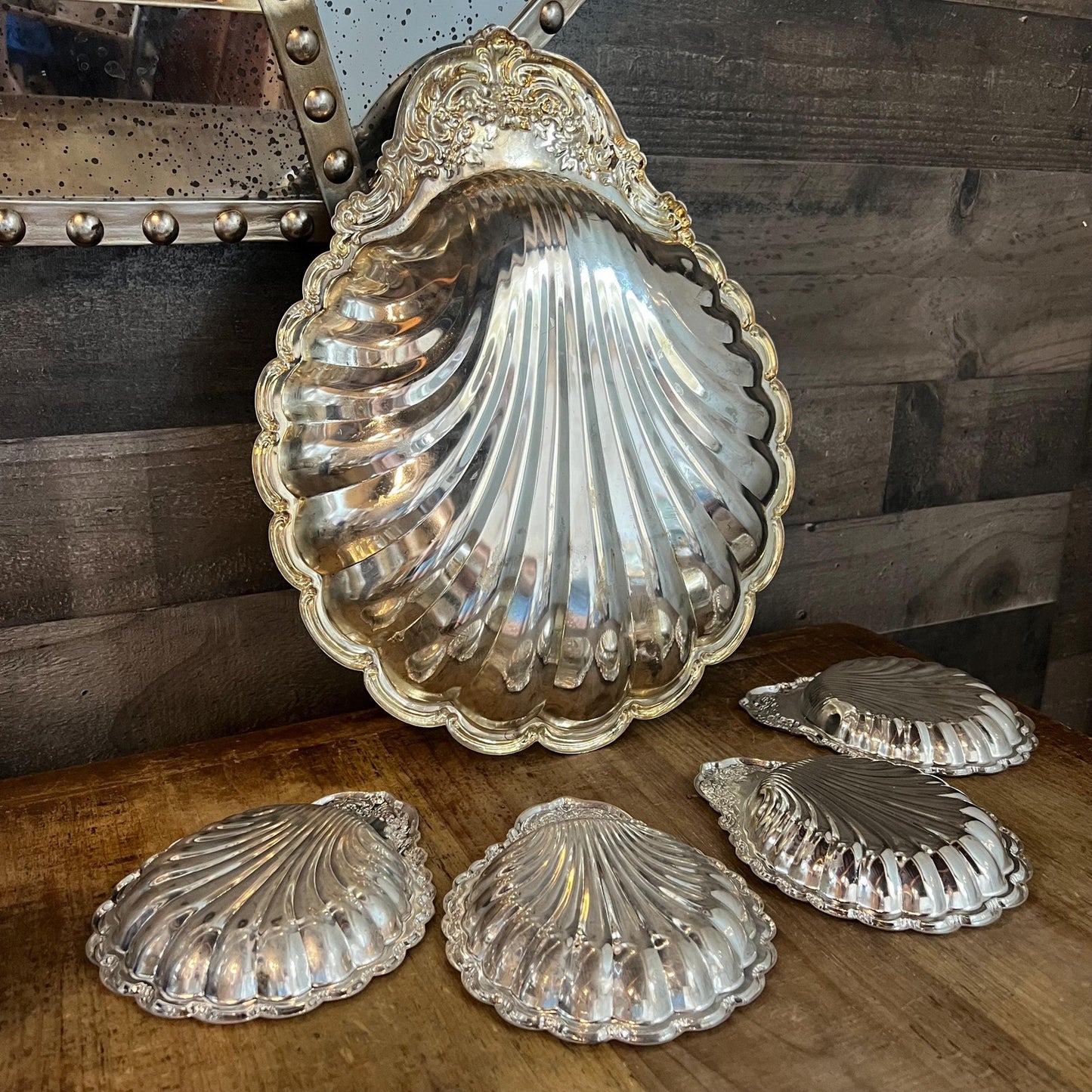 Vintage Silverplated Scallop Rim Seashell Bowl Set - Large Shell Bowl and 4 Small Shell Bowls