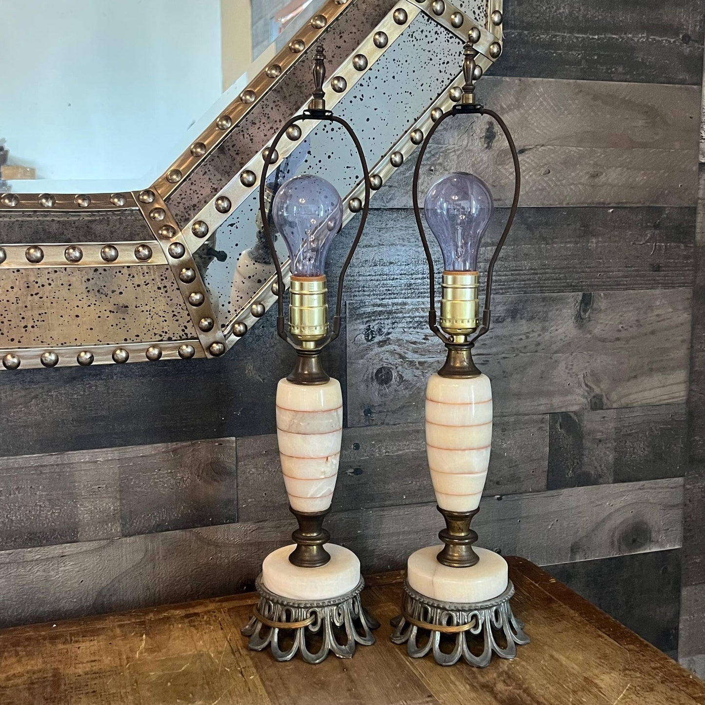 Vintage Pair of Creamy White Lamps with Orange/Pink Stripes and Brass/Metal Accents