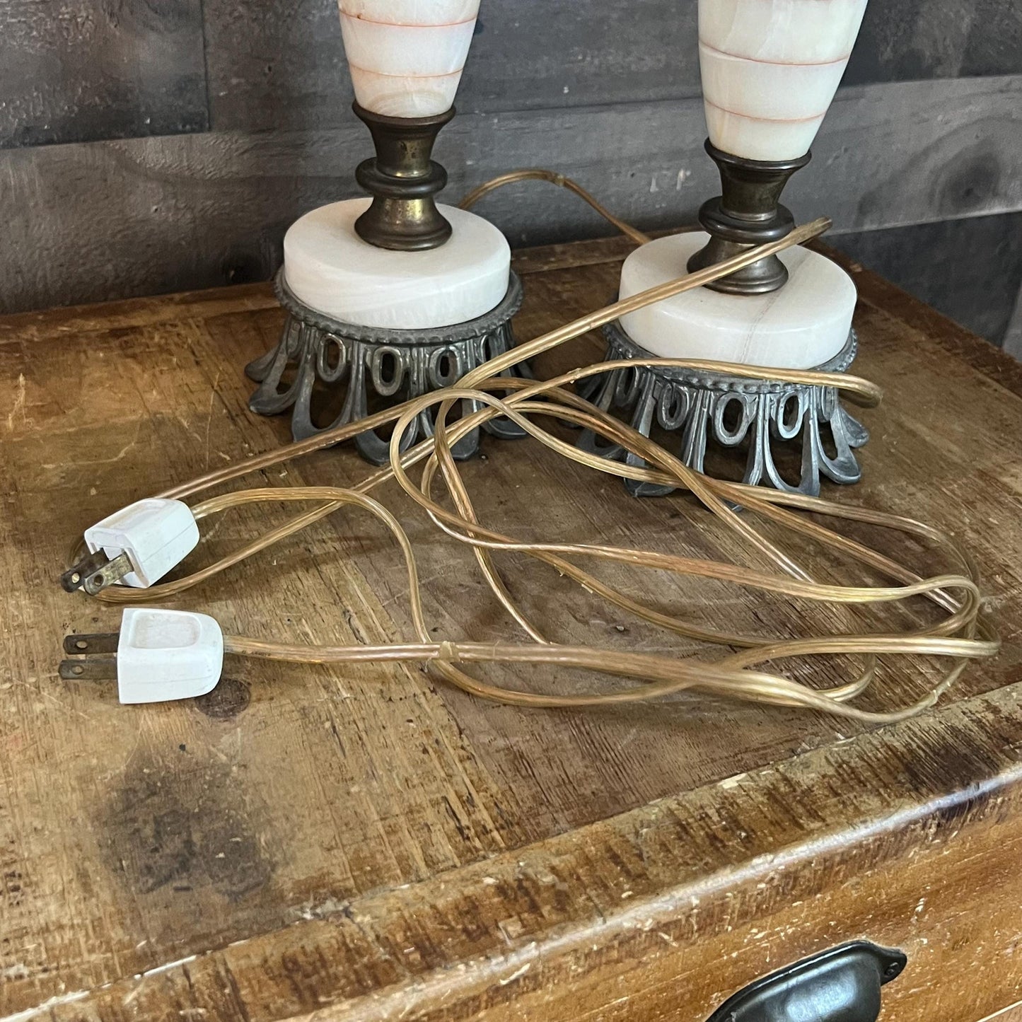 Vintage Pair of Creamy White Lamps with Orange/Pink Stripes and Brass/Metal Accents