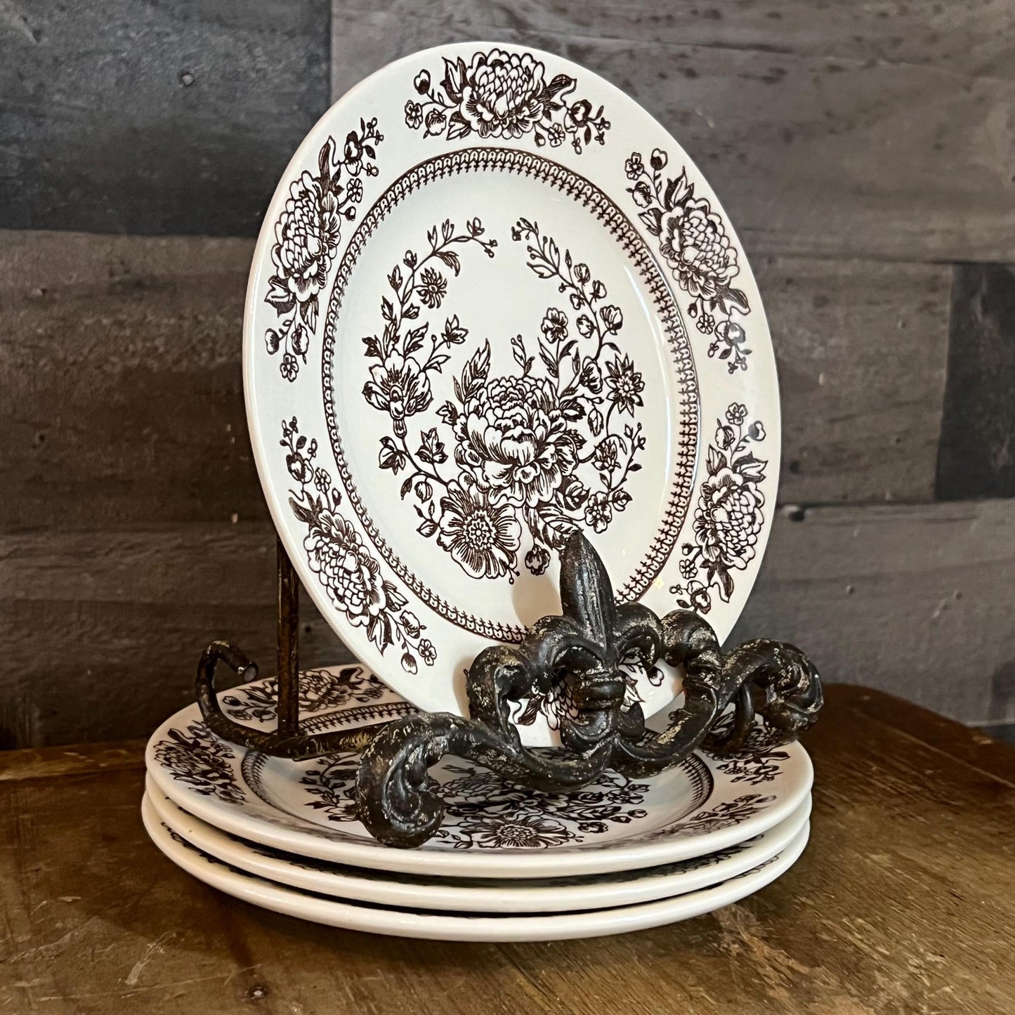 Royal USA Sussex Cavalier Ironstone Brown and White Floral Bread and Butter Plates - Set of 4