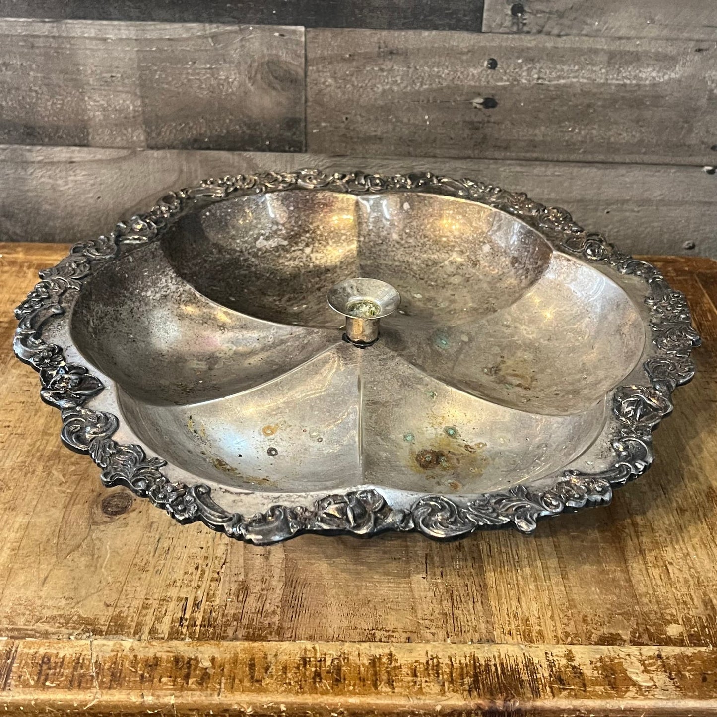Vintage Silverplated Scallop Rim Large Lazy Susan Bowl with Candlestick Holder Center