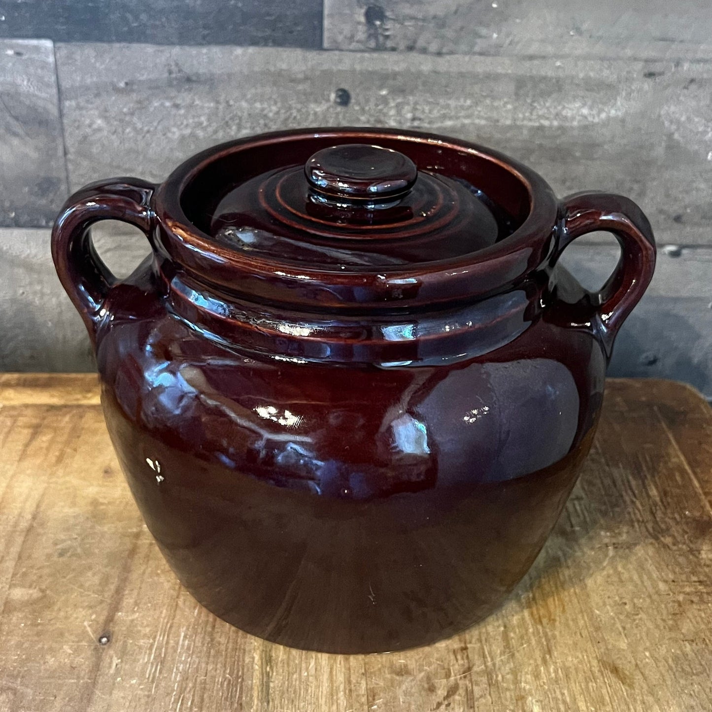Vintage Brown Glaze USA Pottery Double Handle Lidded Crock - Bean Pot - Cookie Jar