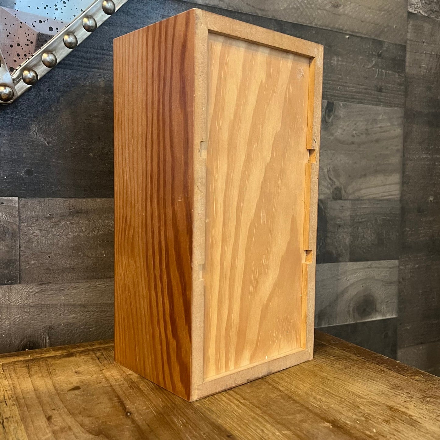 Vintage Wood Spice Cabinet Box with 3 White and Blue Ceramic Drawers