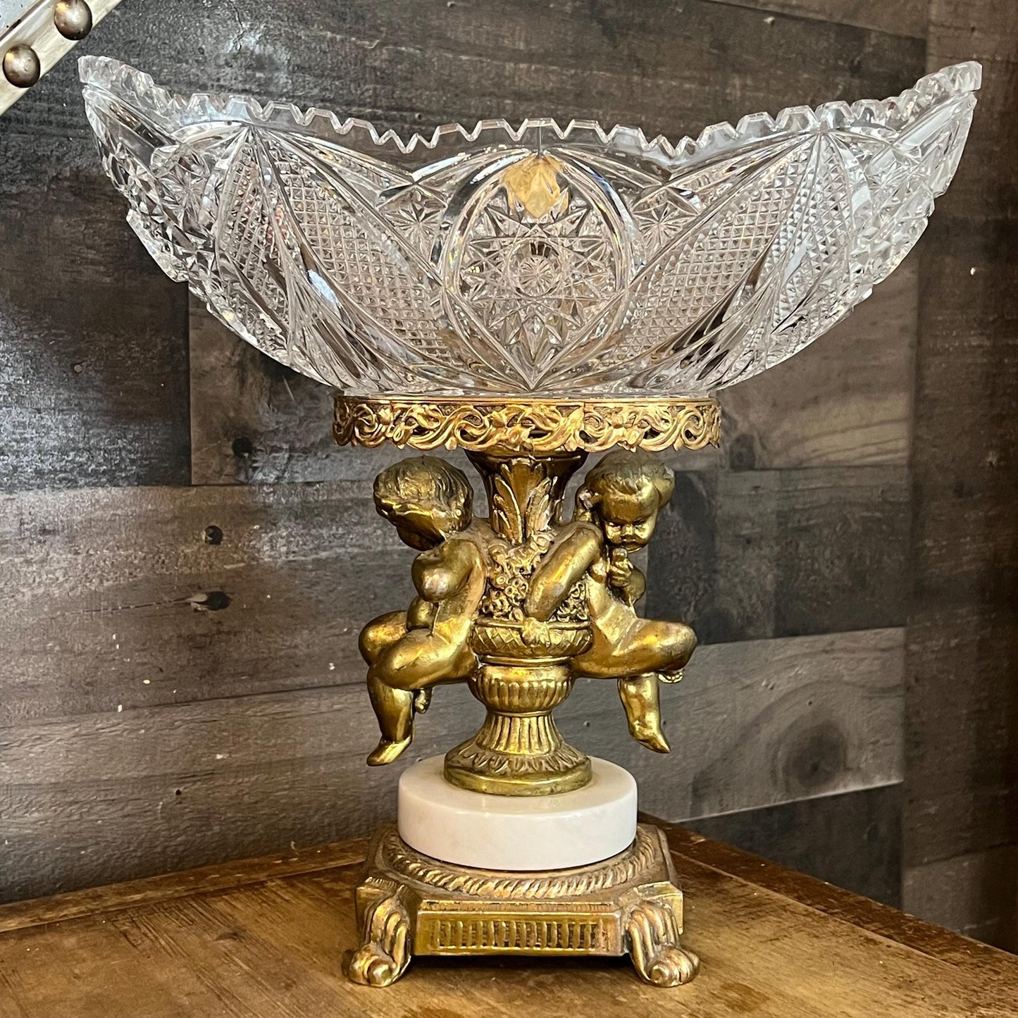 Vintage Thick Cut Crystal Oval Bowl with Gold Tone Brass Cherub Angel Pedestal and Marble Footed Base