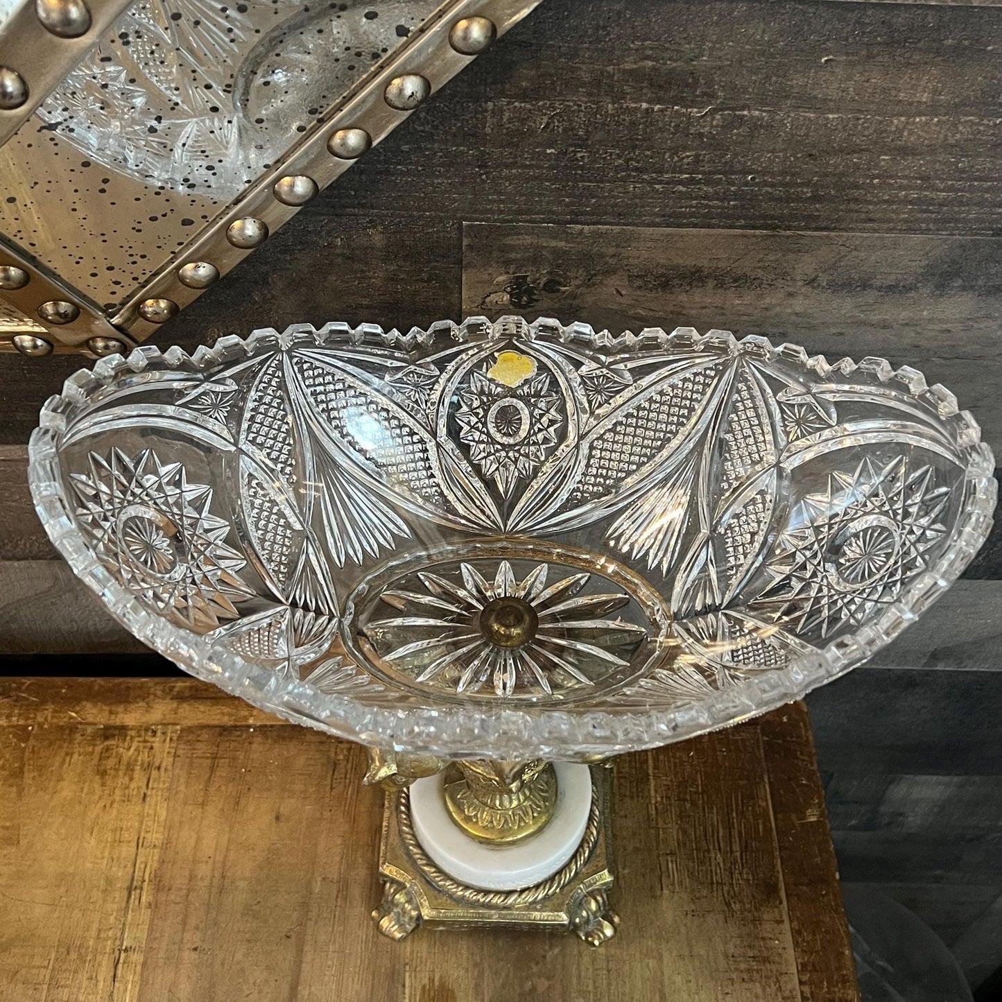 Vintage Thick Cut Crystal Oval Bowl with Gold Tone Brass Cherub Angel Pedestal and Marble Footed Base