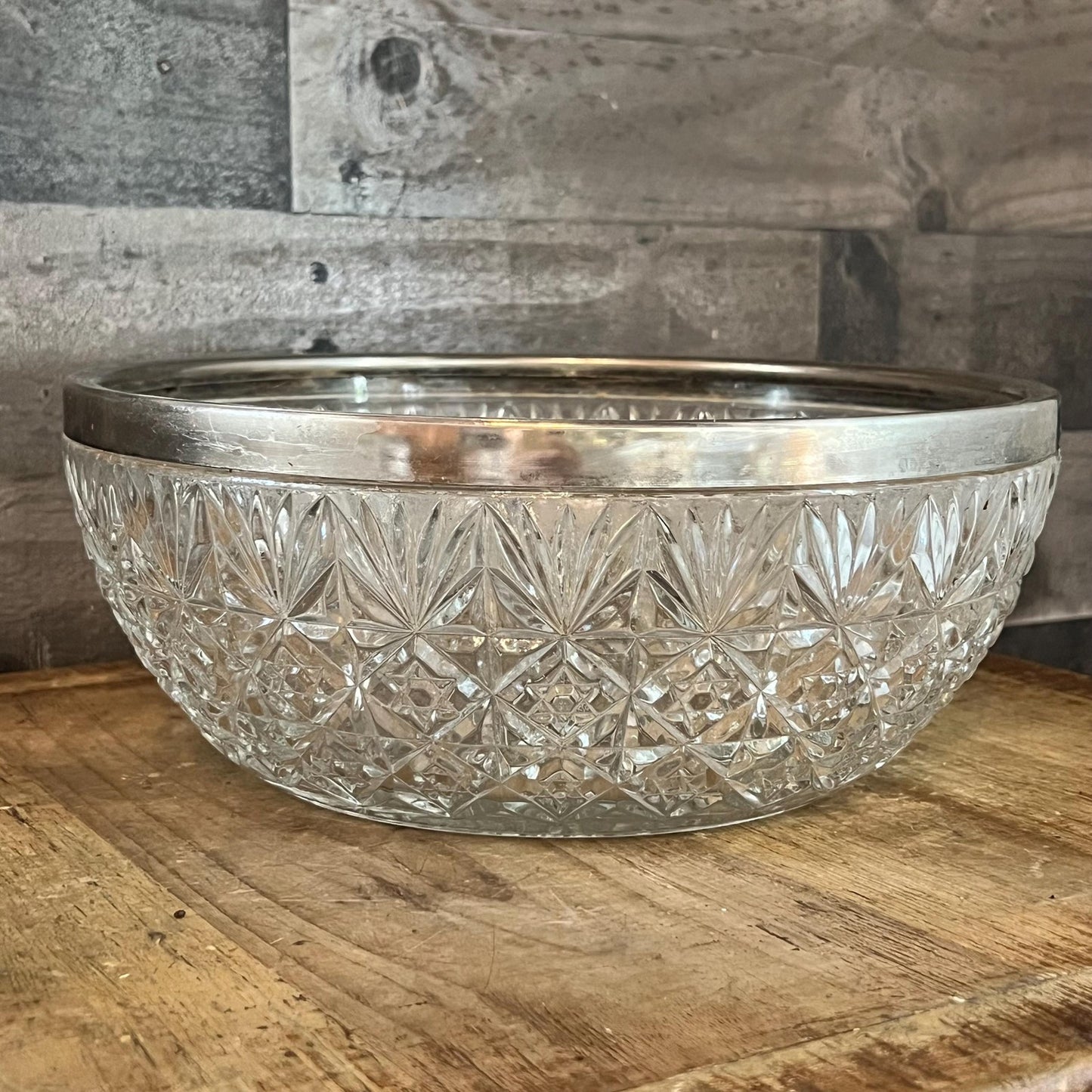 Large Crystal Bowl with Silverplated Rim
