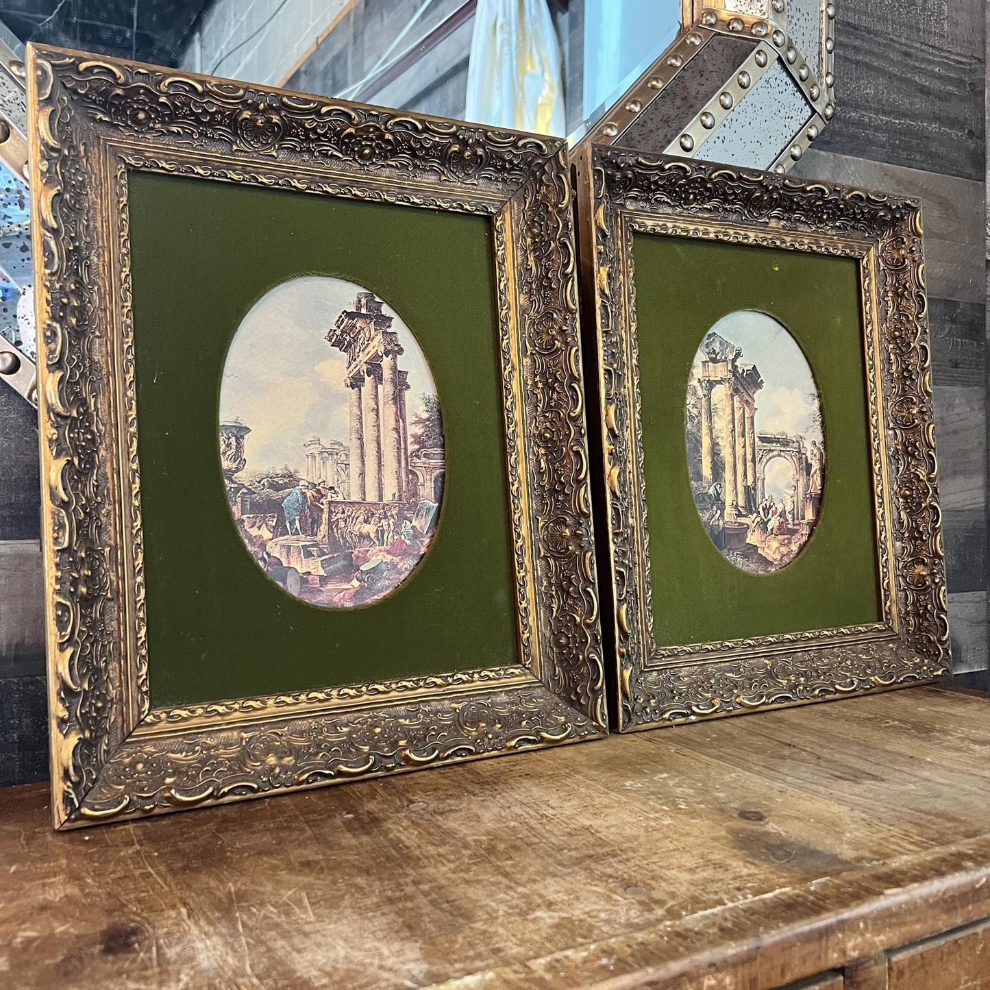 Pair of Oval Roman Ruins Scenes with Green Fabric and Vintage Wooden Frames