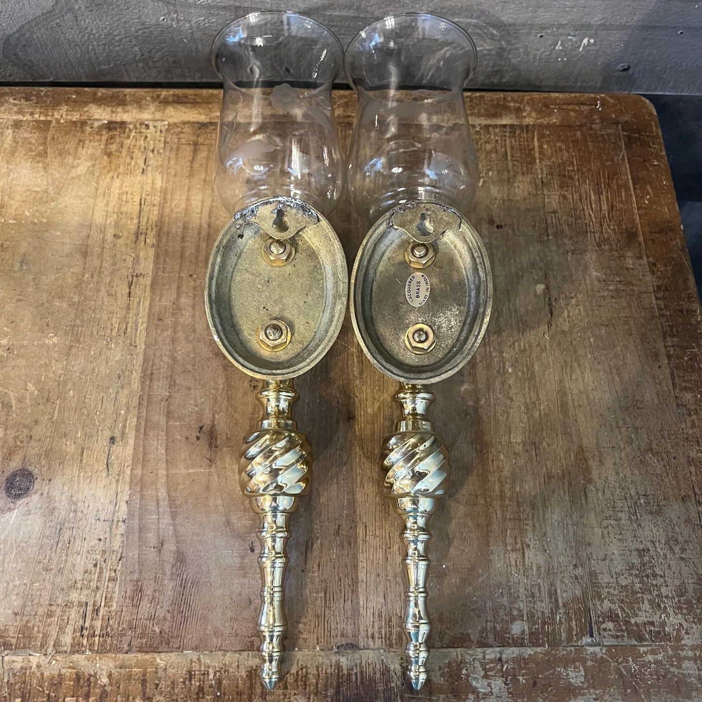 Vintage Pair of Brass Candlestick Holder Wall Sconces with Floral Etched Glass Hurricane Votives