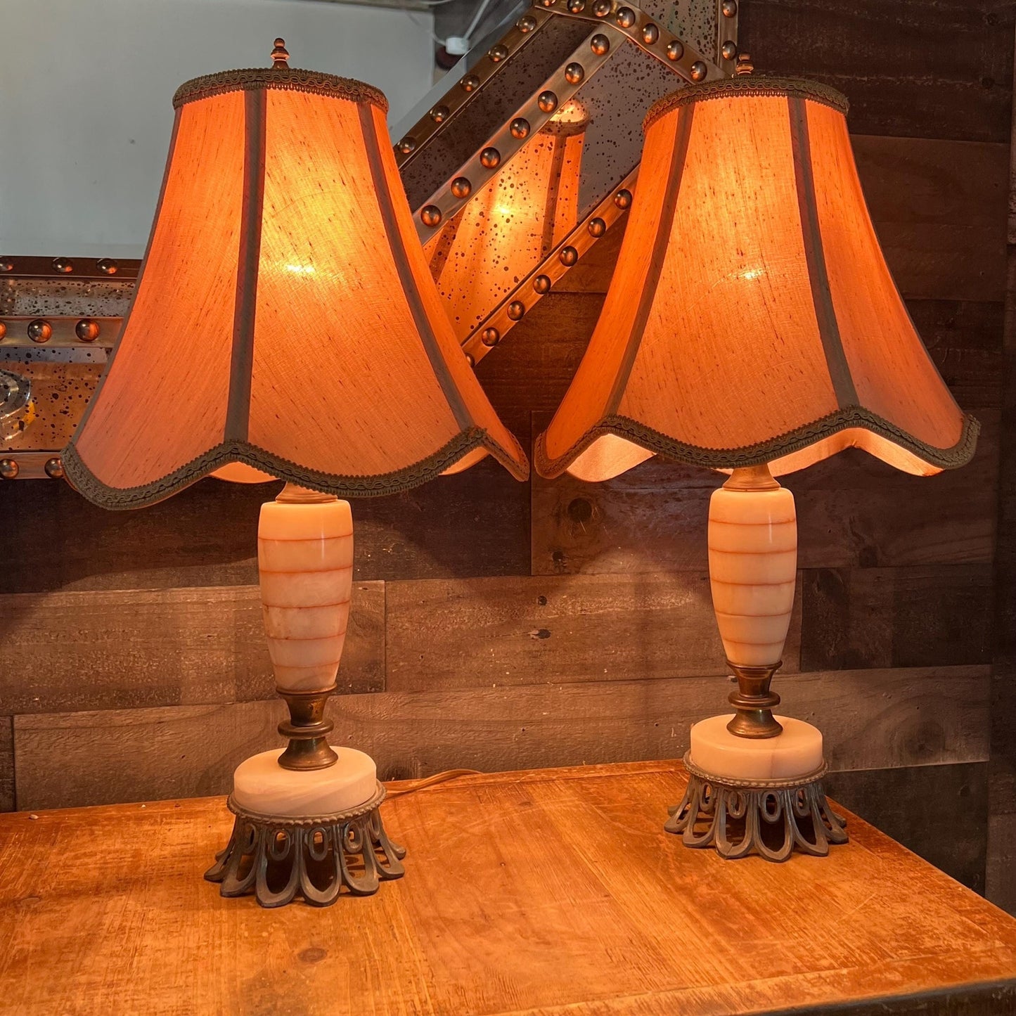 Vintage Pair of Creamy White Lamps with Orange/Pink Stripes and Brass/Metal Accents