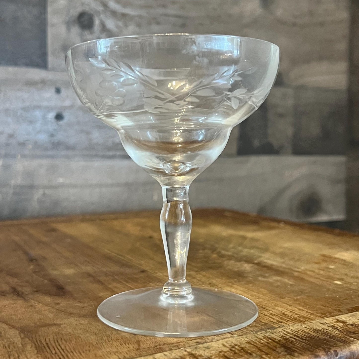 Vintage Set of 4 Crystal Floral and Leaf Etched Champagne Coupes - Cocktail Coupes