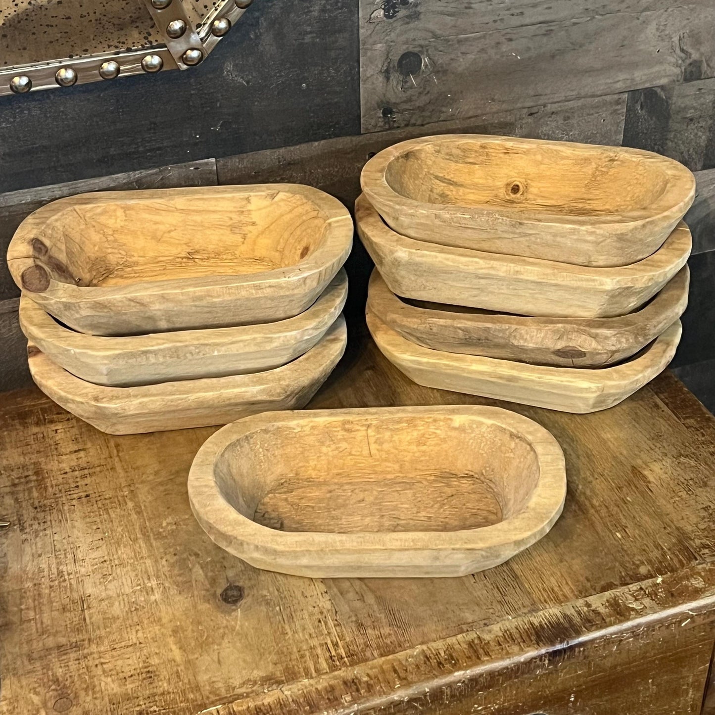 Rustic Hand Carved Wooden Dough Bowl - Natural Wood Tone