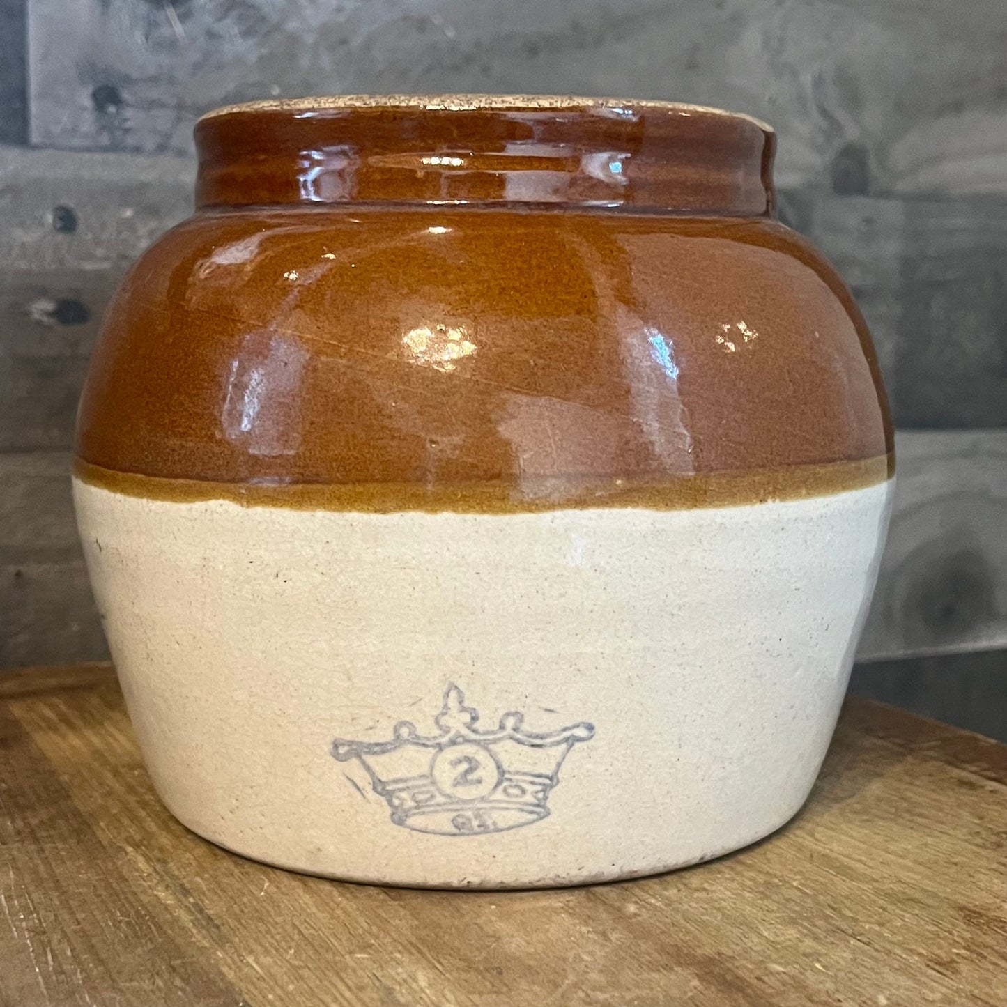 Vintage Blue Crown 2 Stamped Beige and Tan Two Tone Single Handle Crock - Bean Pot - USA Marking