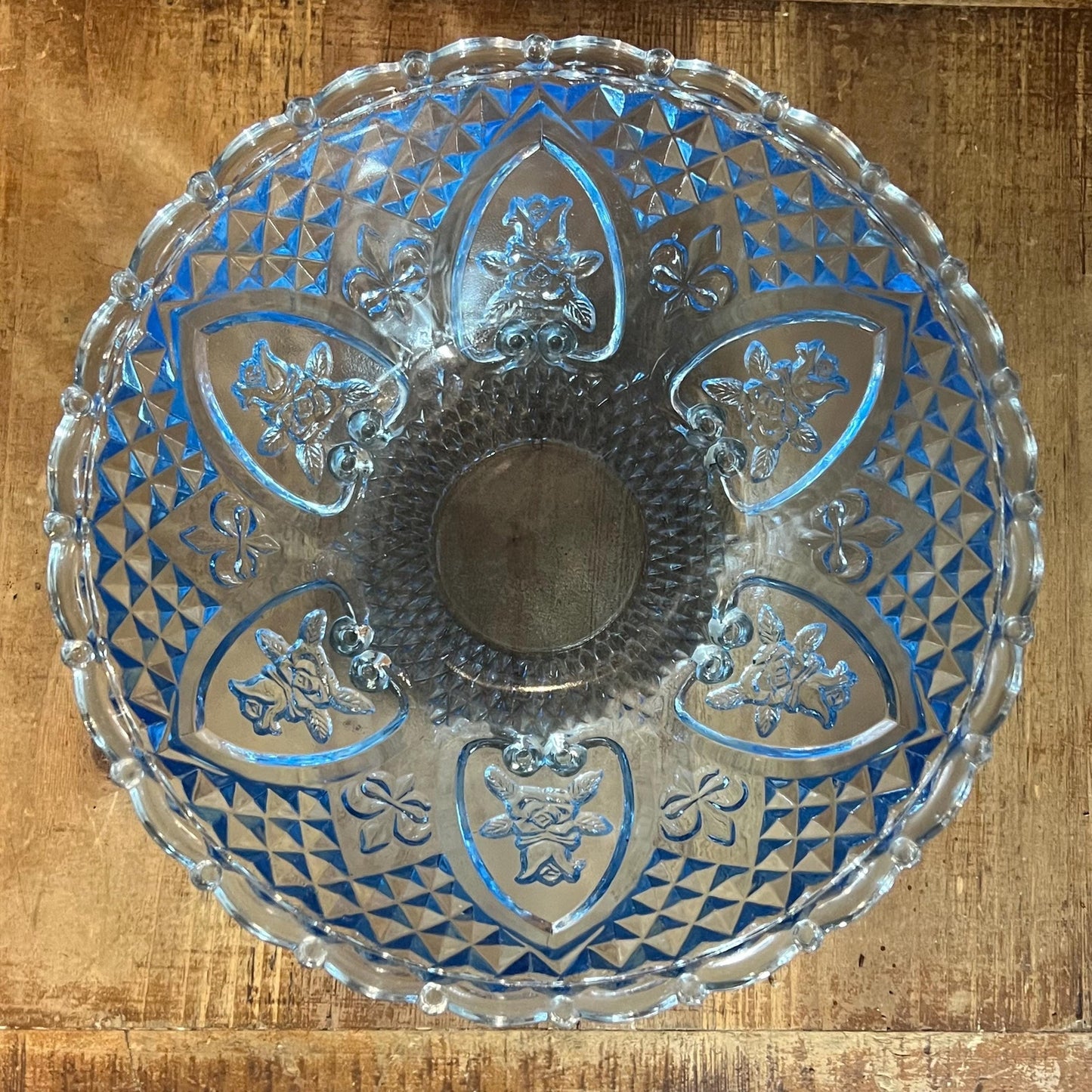 Vintage Blue Glass Footed Scallop Rim Rose and Diamond Point Bowl