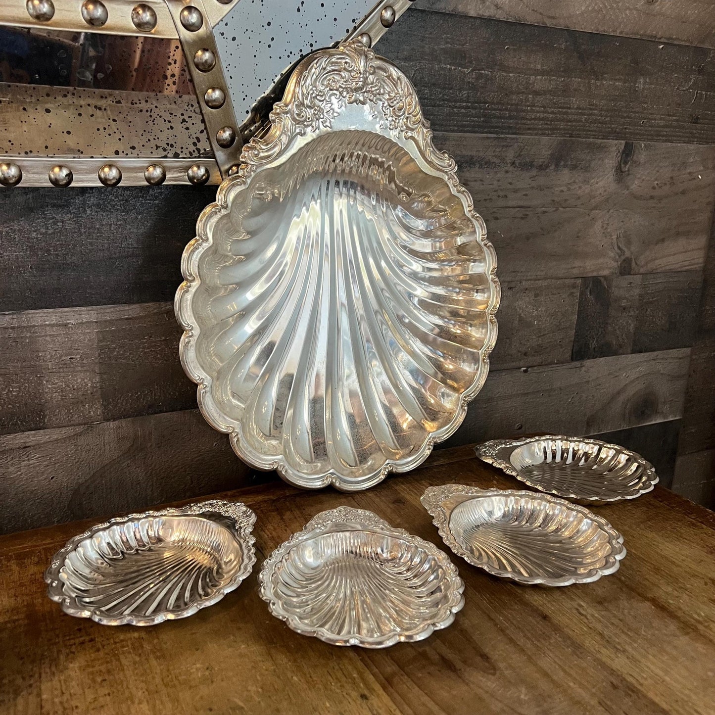 Vintage Silverplated Scallop Rim Seashell Bowl Set - Large Shell Bowl and 4 Small Shell Bowls
