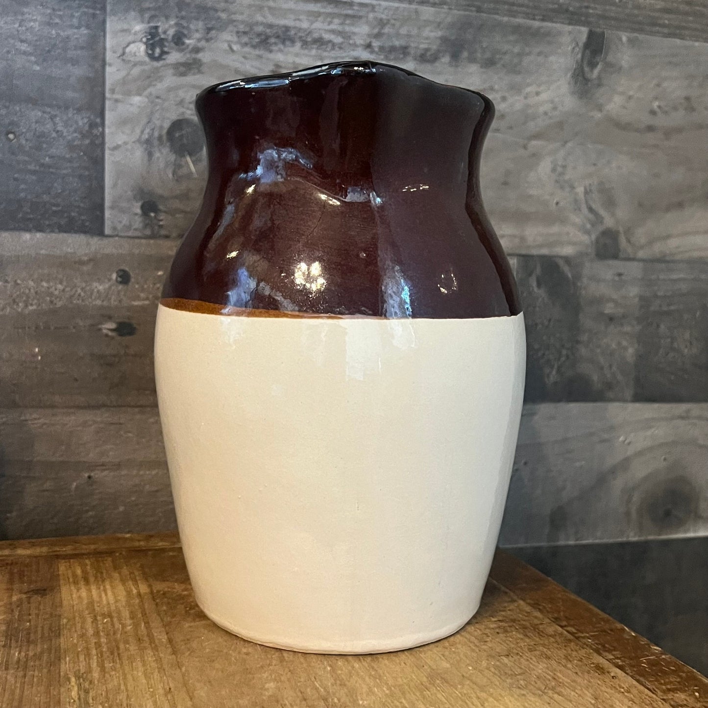 Vintage Rustic Stoneware Handled Brown and Beige Pitcher Jug