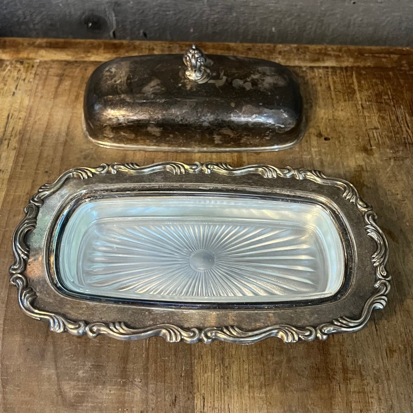 Vintage WM A Rogers Footed Silverplated Rectangular Lidded Butter Stick Holder with Glass Insert