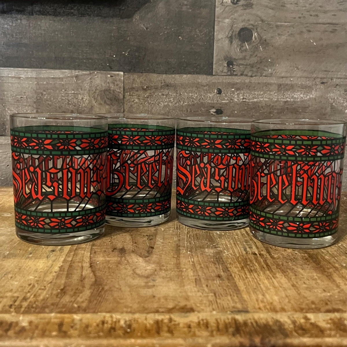 Vintage Christmas Houze Seasons Greetings Old Fashioned Rocks Glasses - Set of 4
