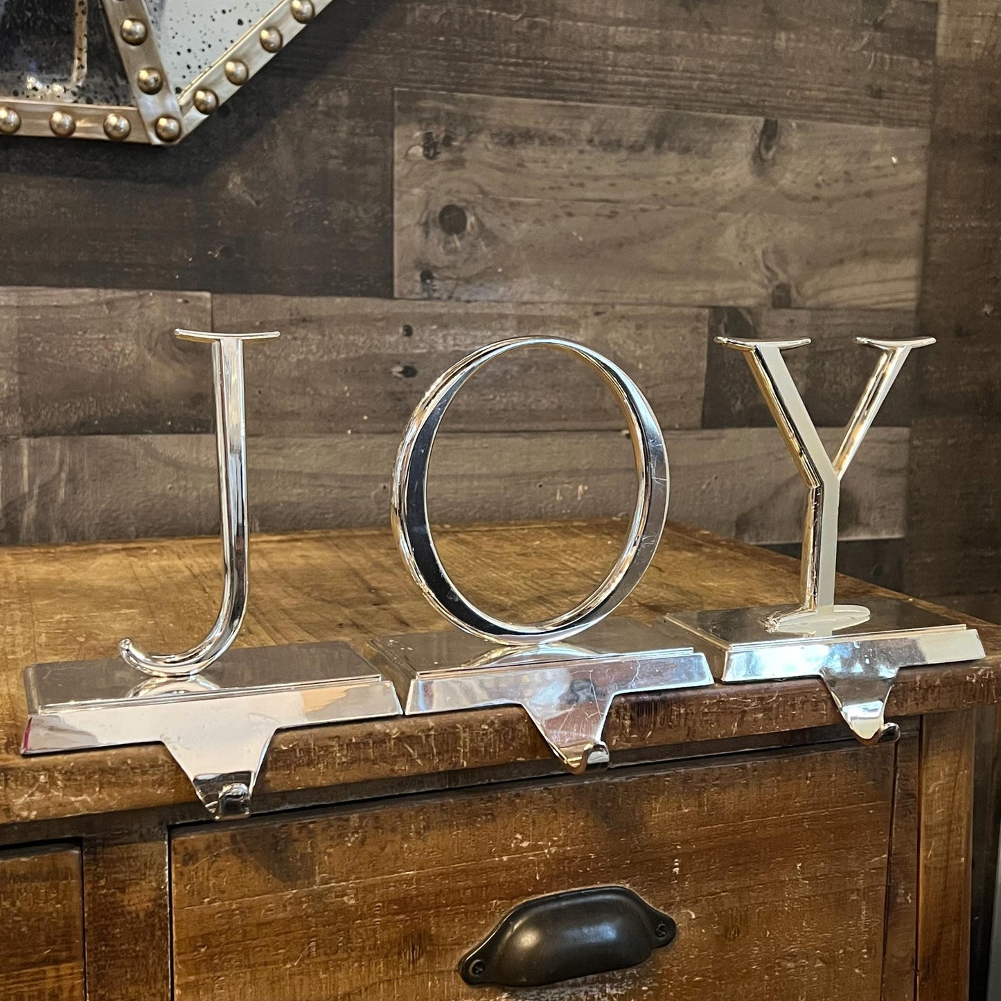 Vintage Pottery Barn JOY Silver Tone Stocking Holders