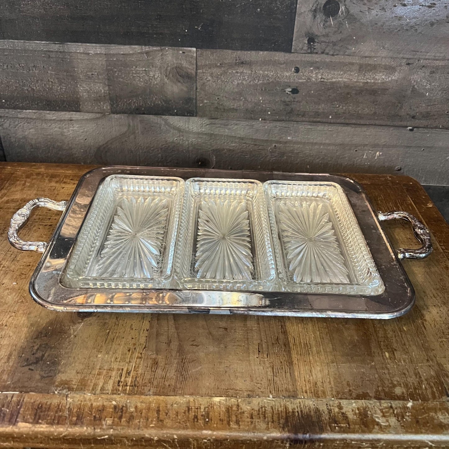 Vintage Leonard Silverplated Handled Rectangular Footed Serving Tray with 3 Crystal Rectangular Trays