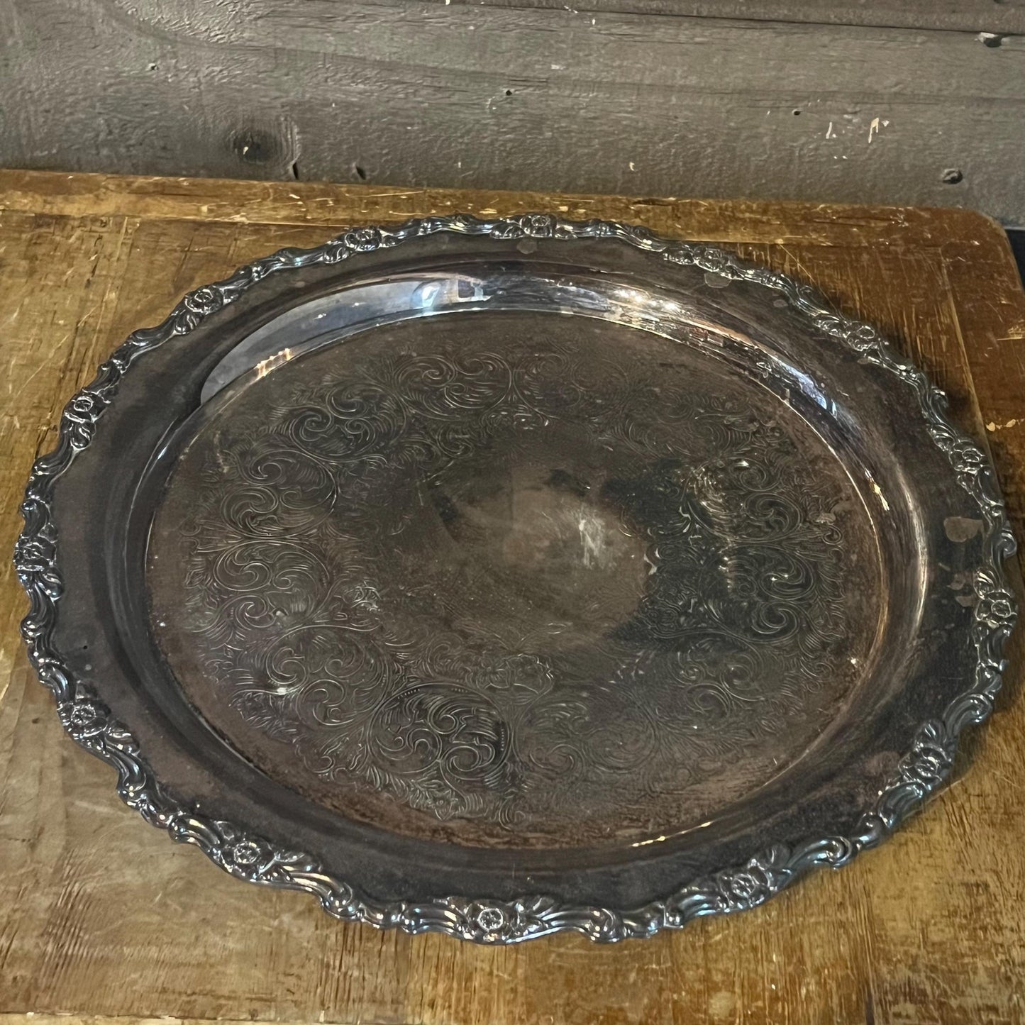 Vintage Oneida Silverplated Round Tray with Floral Scroll Rim