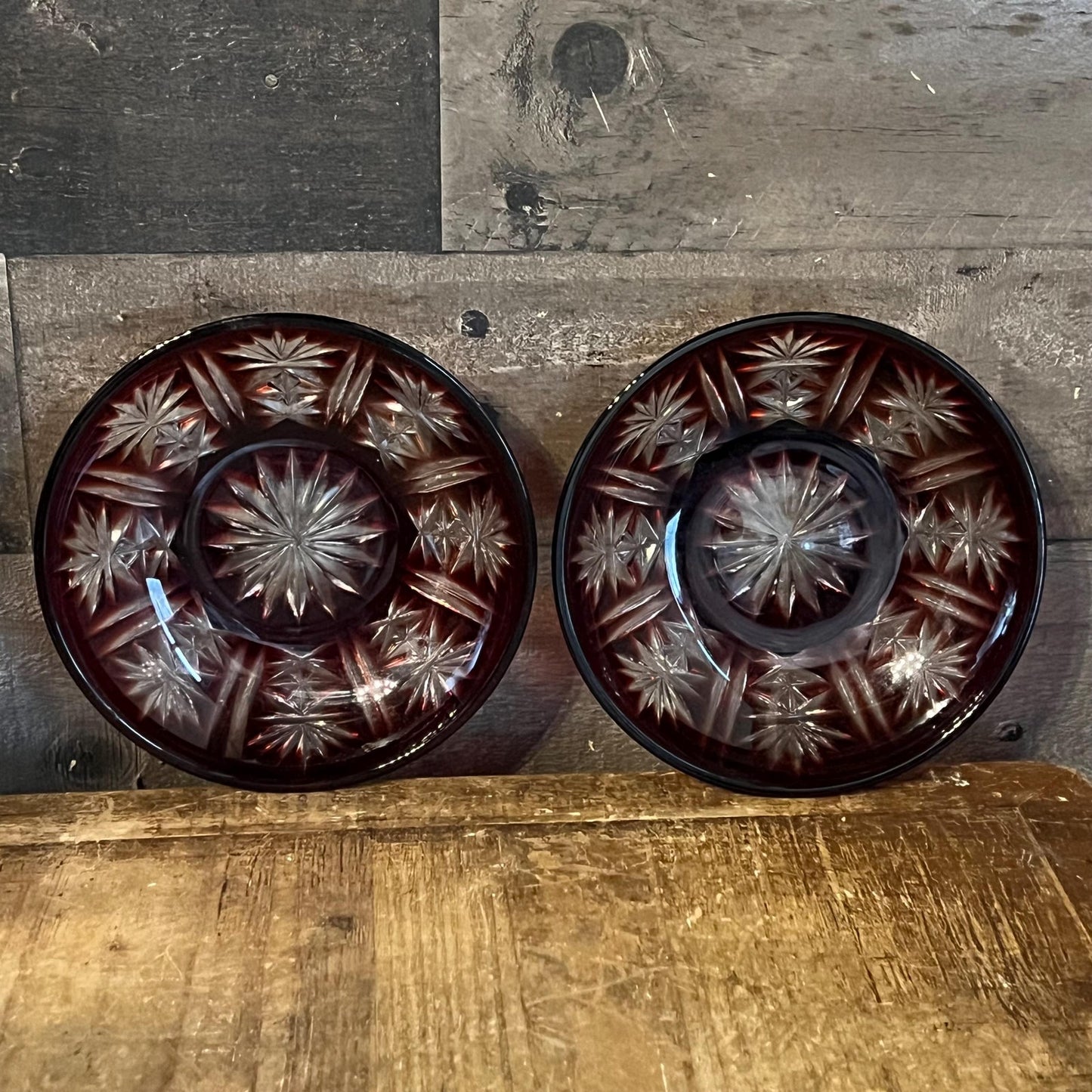 Vintage Crystal D’Arques Ruby Red Cut to Clear Shallow Bowls - Pair