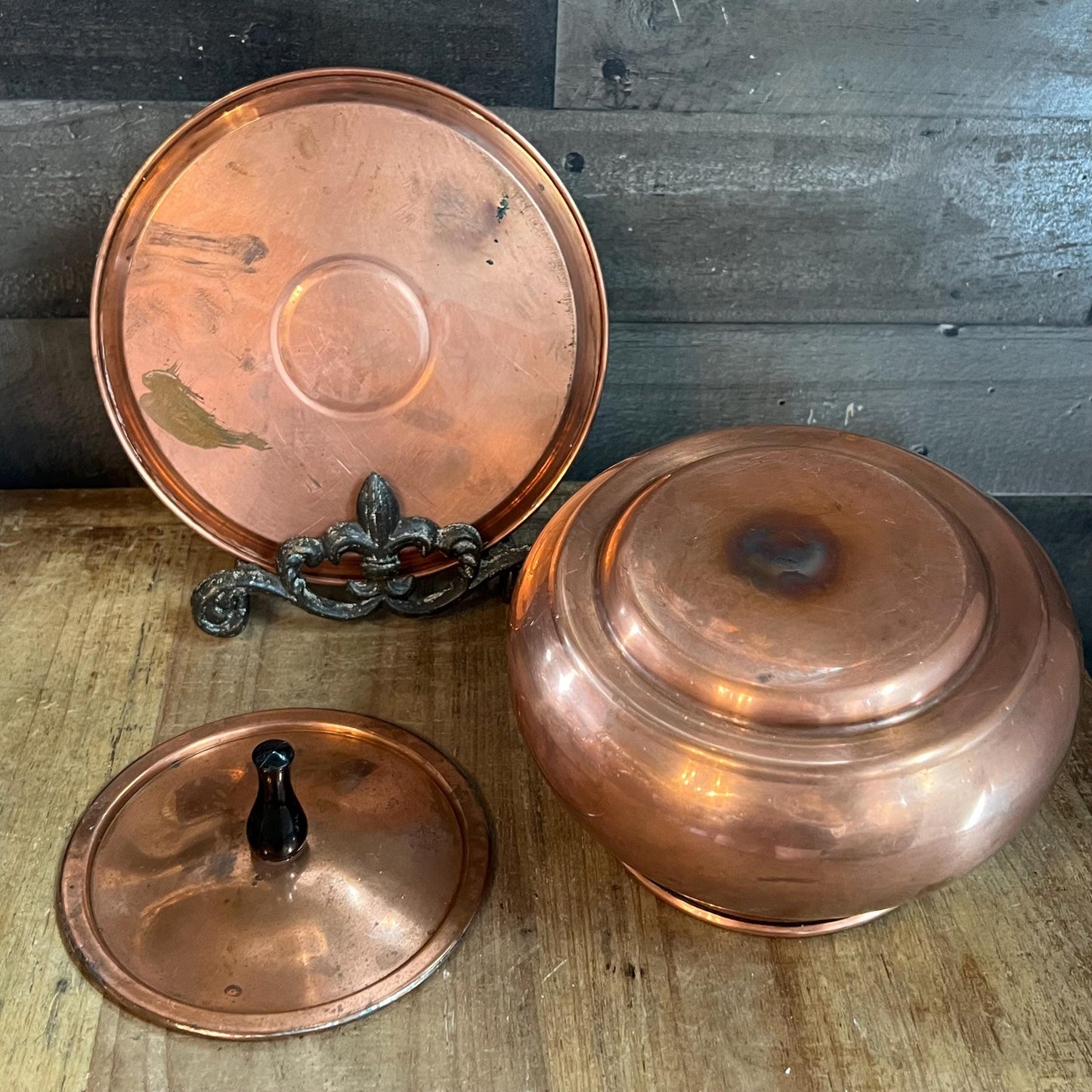 Vintage Taurus Copper Lidded Handled Pot with Copper Underplate - Made in Portugal