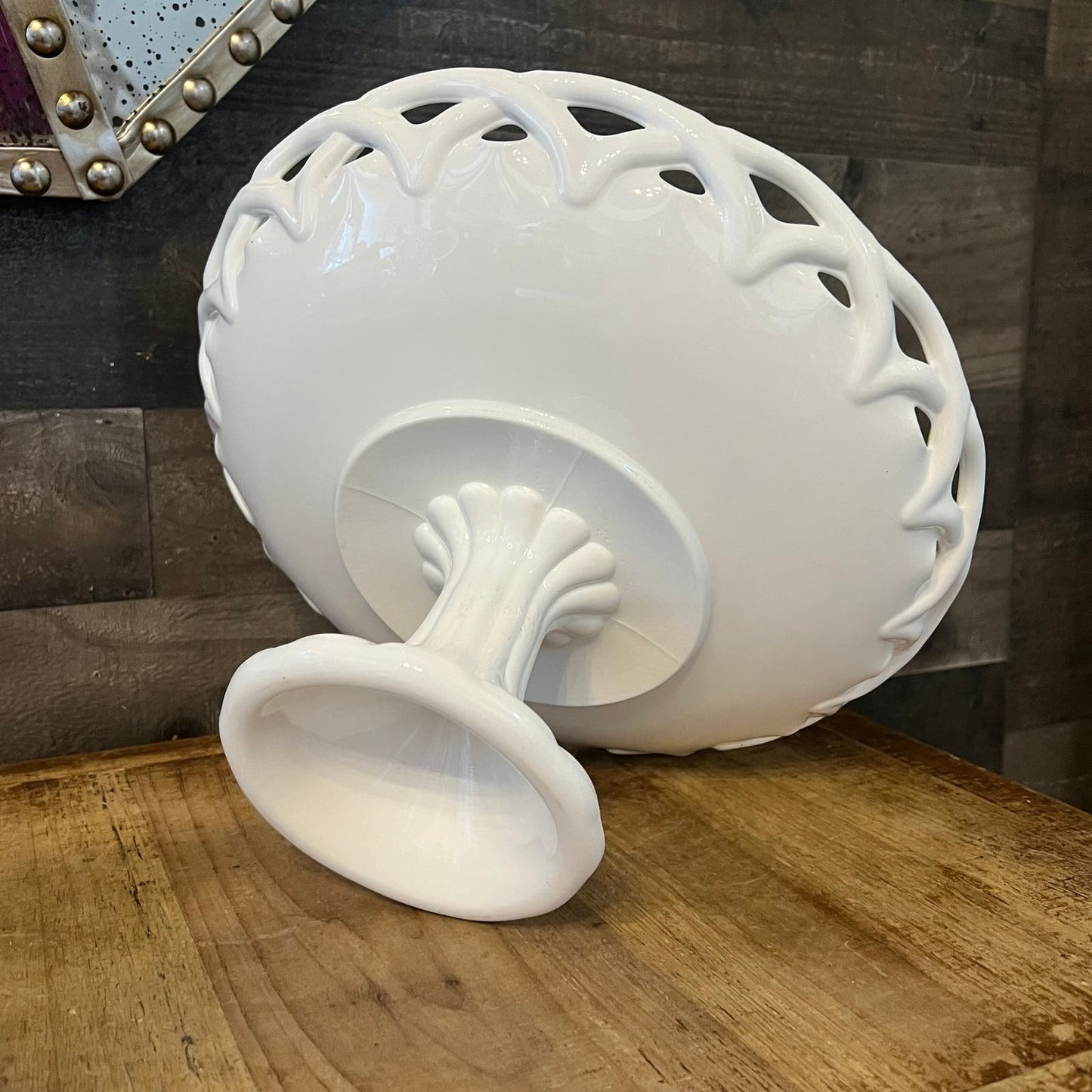 Vintage Milk Glass Pitman Dreitzer White Lattice Footed Pedestal Compote Dessert Stand - Fruit Bowl - Appetizer Server