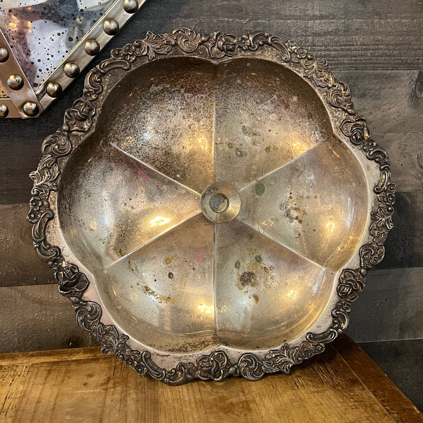 Vintage Silverplated Scallop Rim Large Lazy Susan Bowl with Candlestick Holder Center