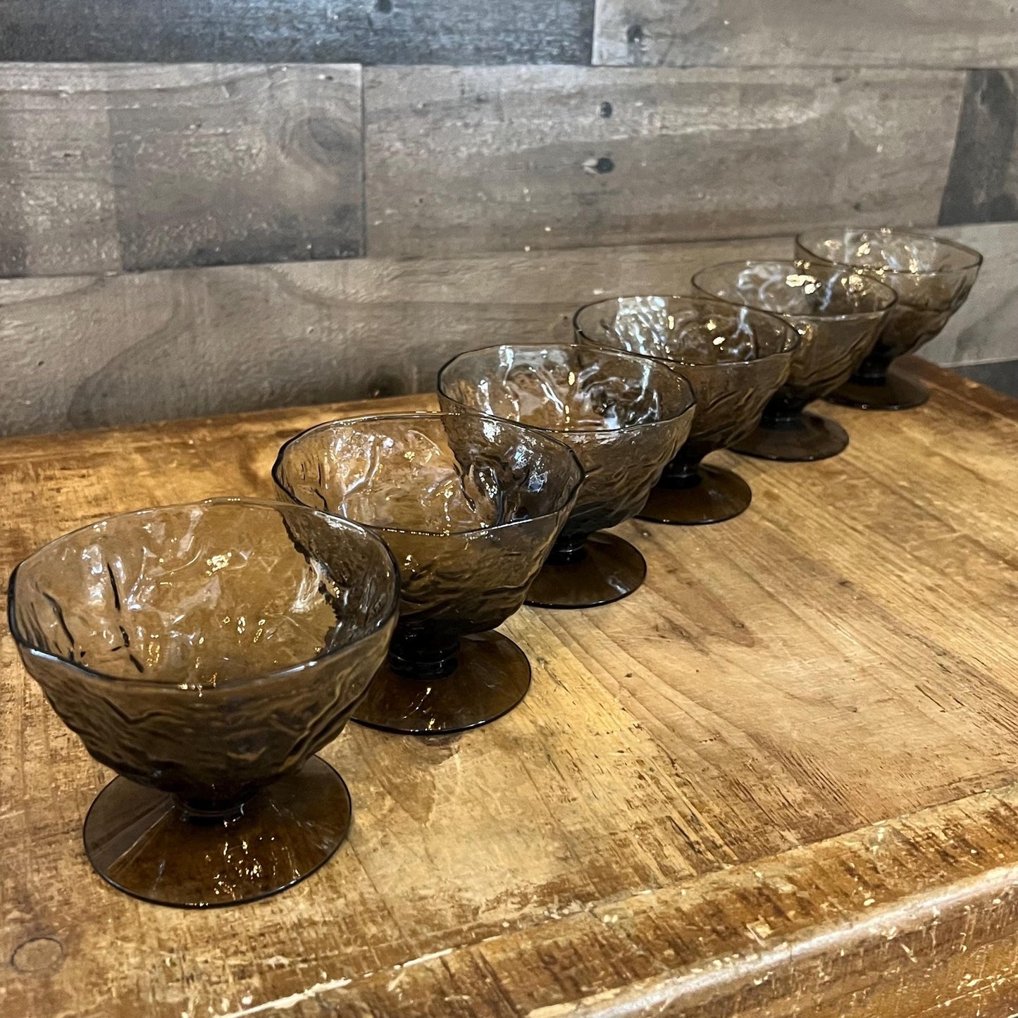 Vintage Seneca Glass Brown Glass Driftwood Short Stem Coupes - Cocktail Coupes - Dessert Glasses - Parfait Glasses - Set of 6