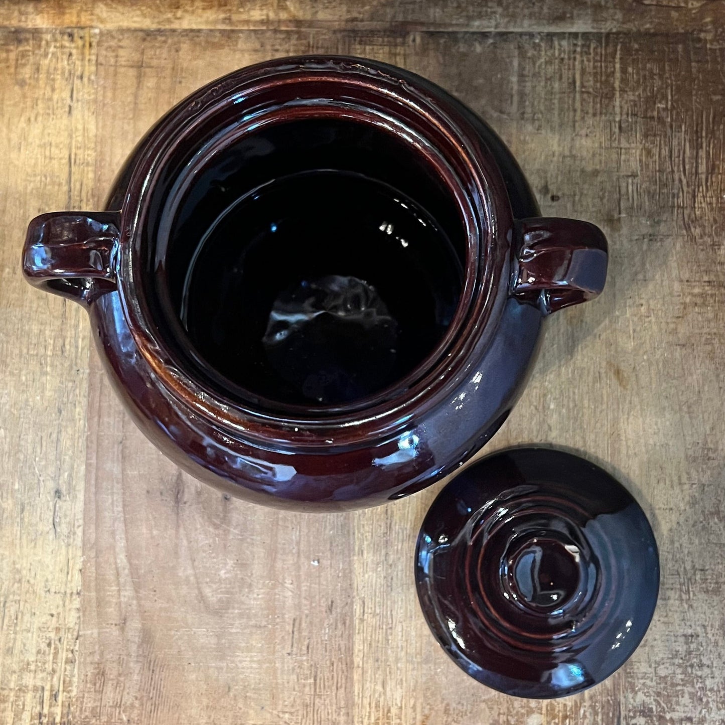Vintage Brown Glaze USA Pottery Double Handle Lidded Crock - Bean Pot - Cookie Jar